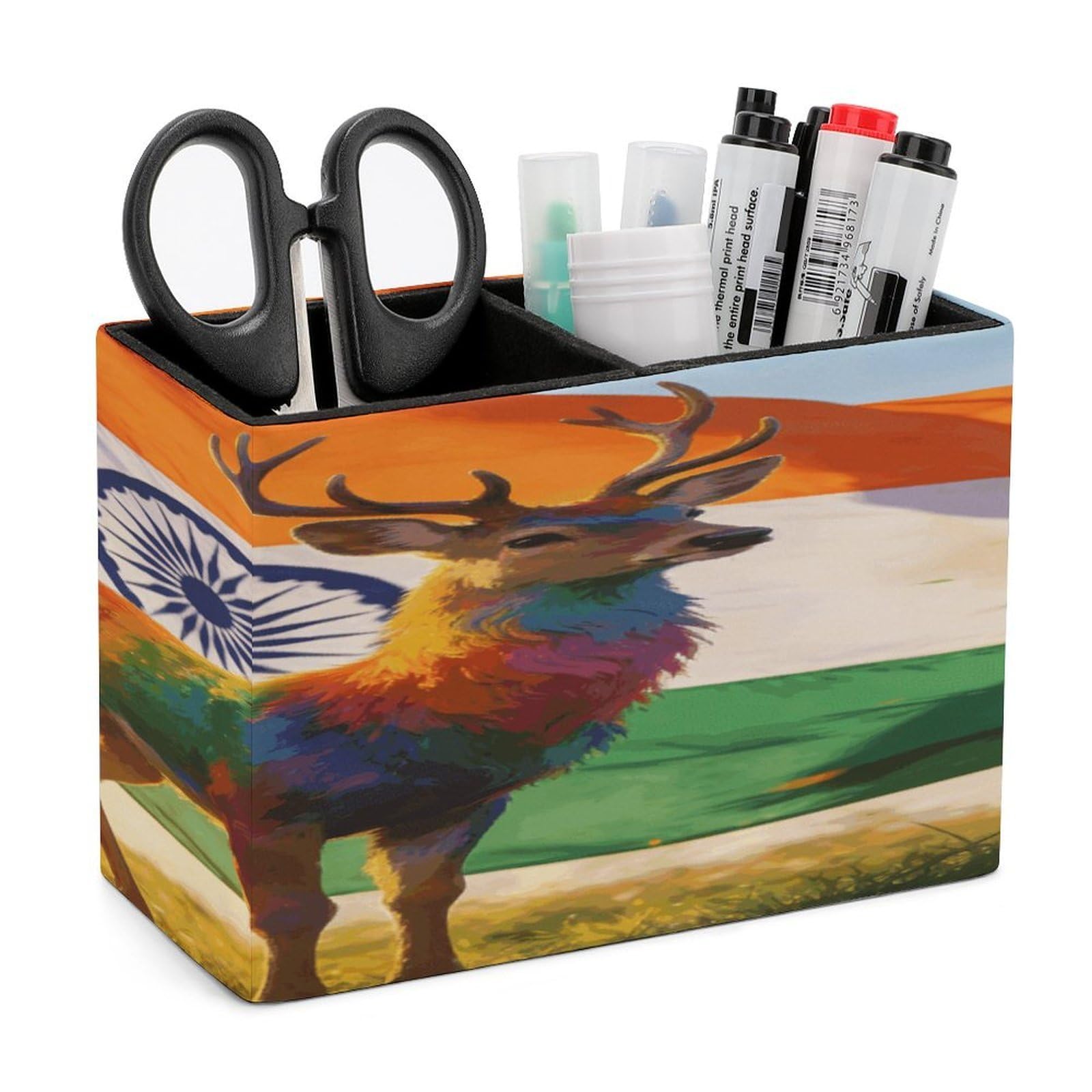 LZQPOEAS Colorful Deer And National Flag Pen Holder Double Compartments Pen Cup Makeup Brush Holders Leather Pencil Holder Locker Organizer for Work Locker Accessories Modern Pencil Cup for Desk