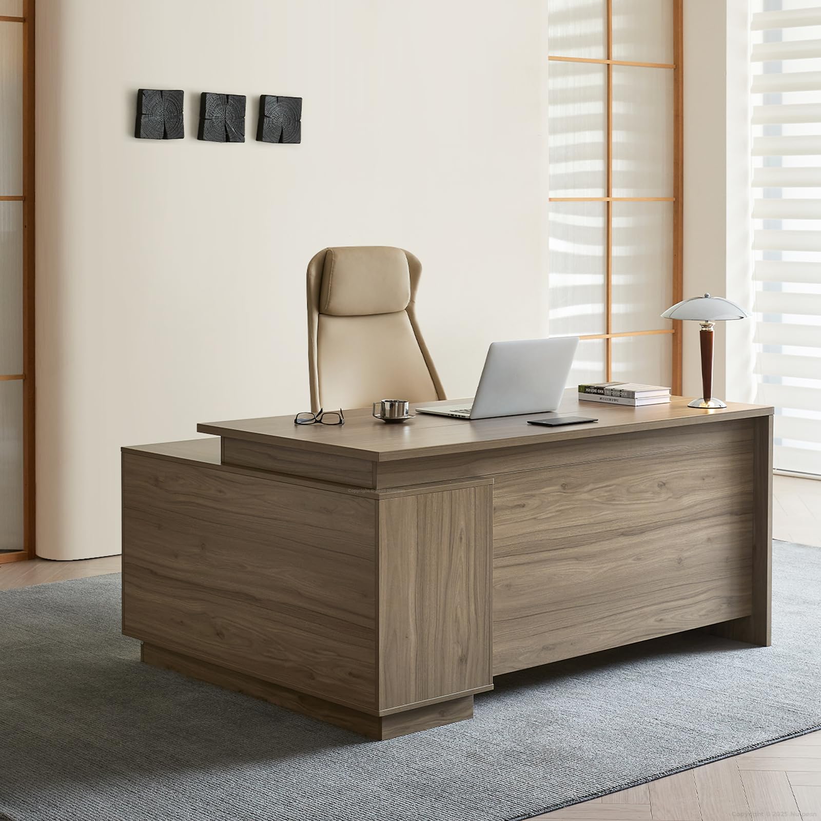 Anzhap Reversible L-Shaped Executive Desk with Drawers – 63" Large Modern Office Desk with Lateral File Cabinet, Built-in Outlet & USB Port, Wide