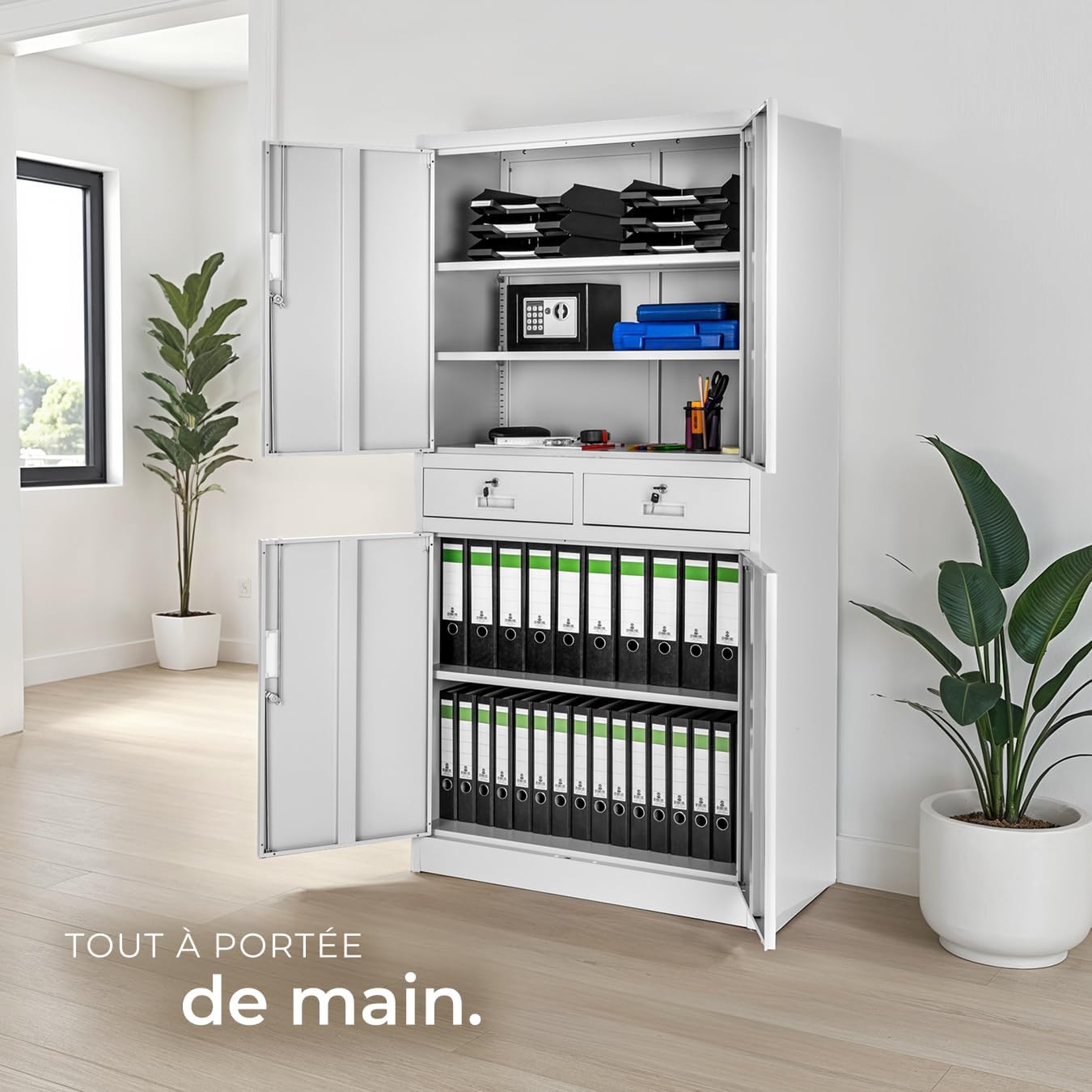 TecTake Metal Office Cabinet with all doors and drawers open, showcasing its storage capacity.