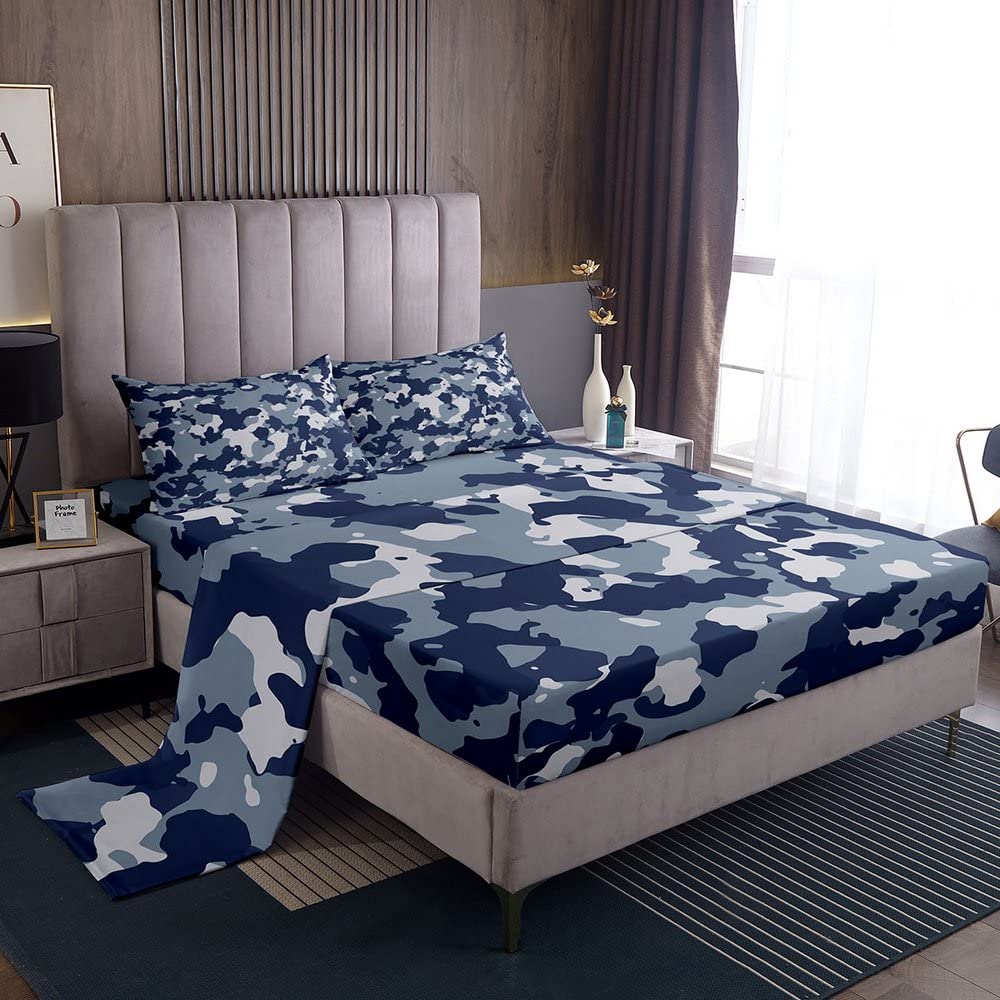 Camouflage Bed Sheet Set Camo Bed Sheets Military Style Sheets Blue Sheet  Set for Boys Girls Children Teens Microfiber Full