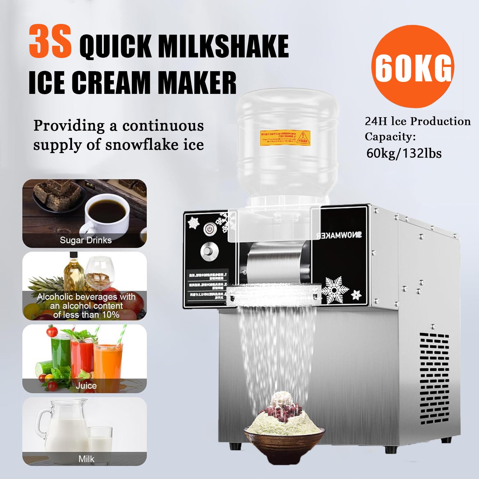 Koreańska maszyna Bingsu, komercyjna automatyczna maszyna do lodu z płatkami śniegu, maszyna do slushie, elektryczna golarka do lodu (60KG)