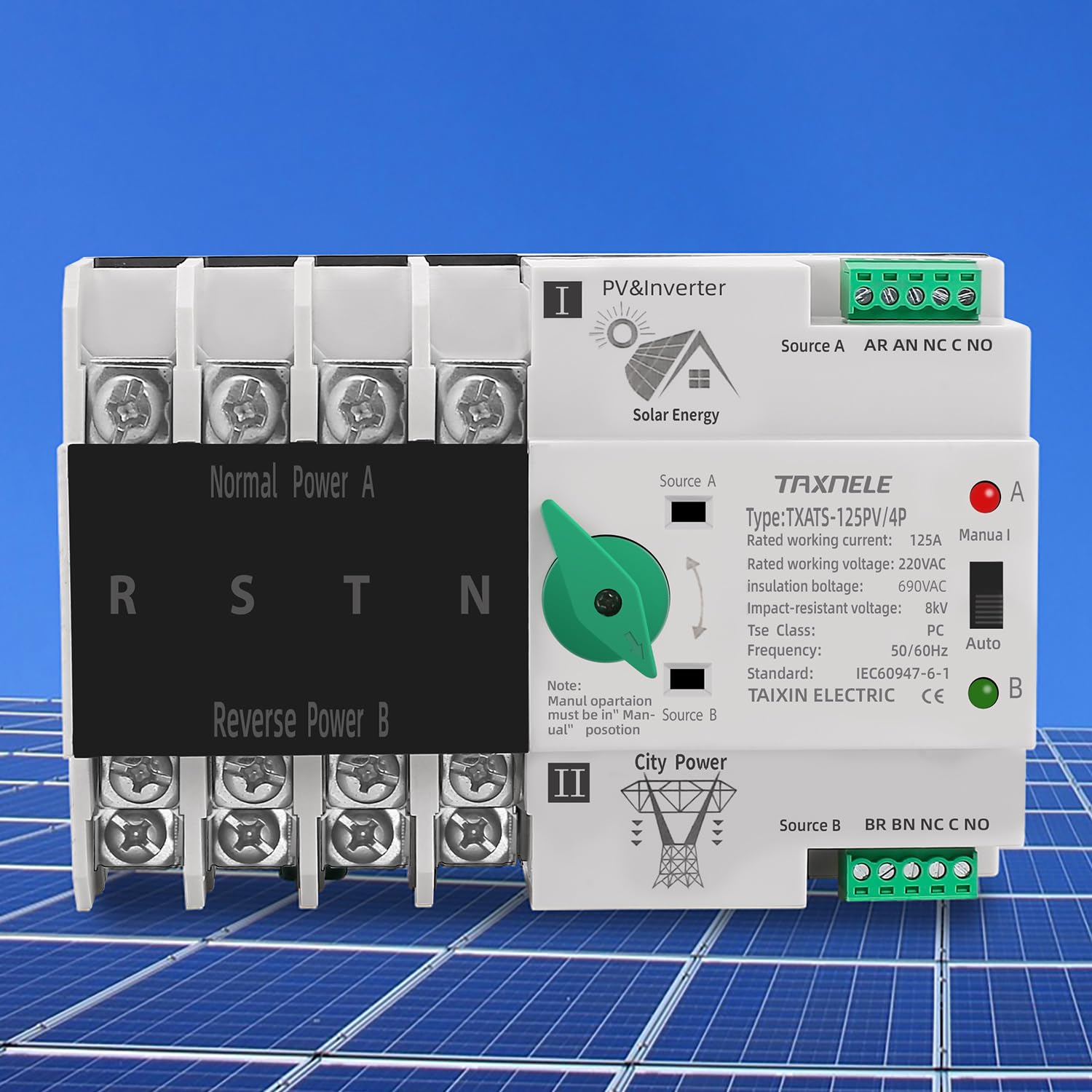 Selettore interruttore di trasferimento automatico a doppia alimentazione Alimentazione ininterrotta 4P 63A 100A 125A Interruttore a levetta fotovoltaico Din Rail ATS PV Solar Inverter UPS (125A)