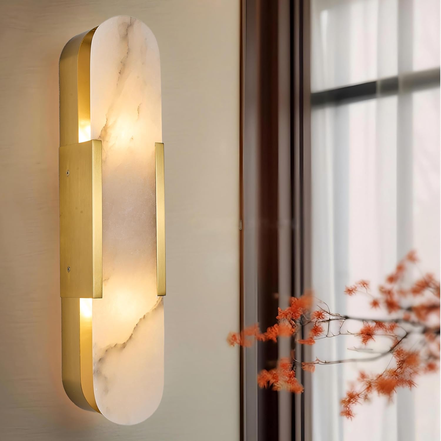 Modern Alabaster Wall Sconce with E26 Base, Natural Stone Bathroom Vanity Light Fixtures with Brass/Gold Finish, Alabaster Sconce Wall Lamp for Bedroom, Living Room, Hallway, Stairs