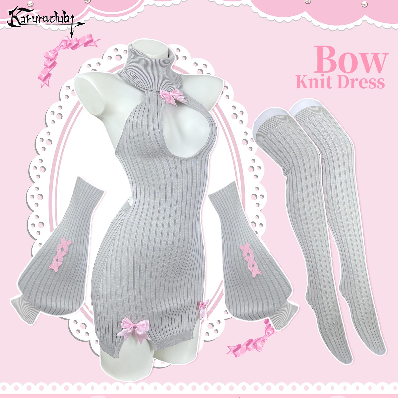 KORURACLUB Hollow Out Dress Sweater Costume premium sweater cosplay lingerie Mini Dress Sexy Lingerie: Grey L/XL