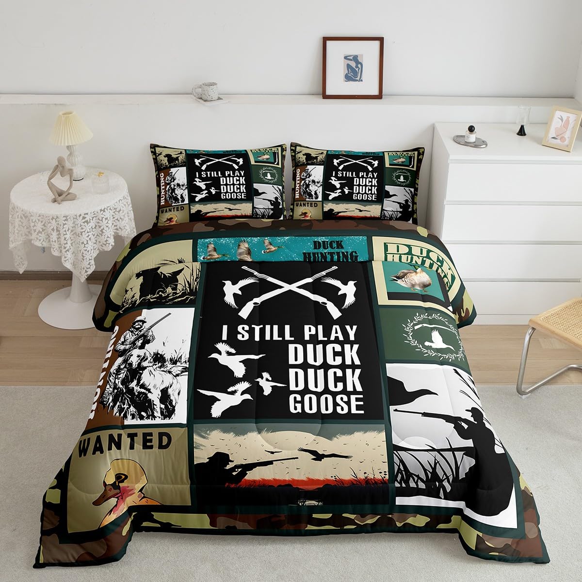 Feelyou Kids Duck Hunting Comforter Set Queen Size, Green Duck Bedding Set Hunting Fishing Comforter for Kids Boys Girls Wildlife Duvet Insert Room Decor with 2 Pillow Case