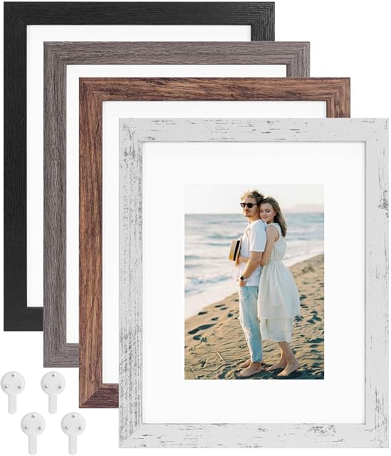 XUANLUO Picture Frames-4 Set 8x10 Picture Frame,Distressed Farmhouse Wood Pattern Photo frame,Display 5x7 with Mat or 8x10 Without Mat,Wall and Desktop Display Ideal for Home Decor,Multicolour
