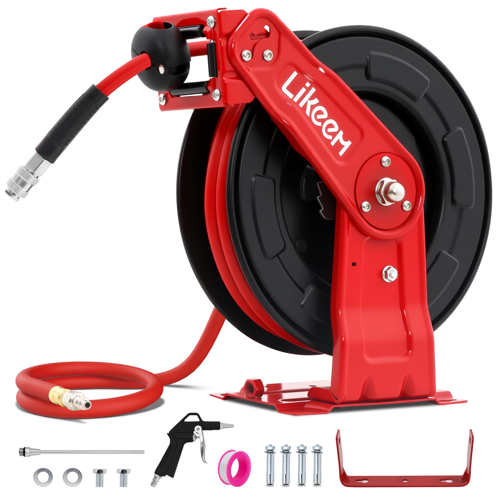 50FT Retractable Air Hose Reel,3/8-Inch Hybrid Air Hose,Max 300PSI,with 5 ft Lead in, Auto Rewind Air-Compressor Hoses Reel 1/4" NPT Fitting,Ceiling/Wall Mount for Garage Workshops