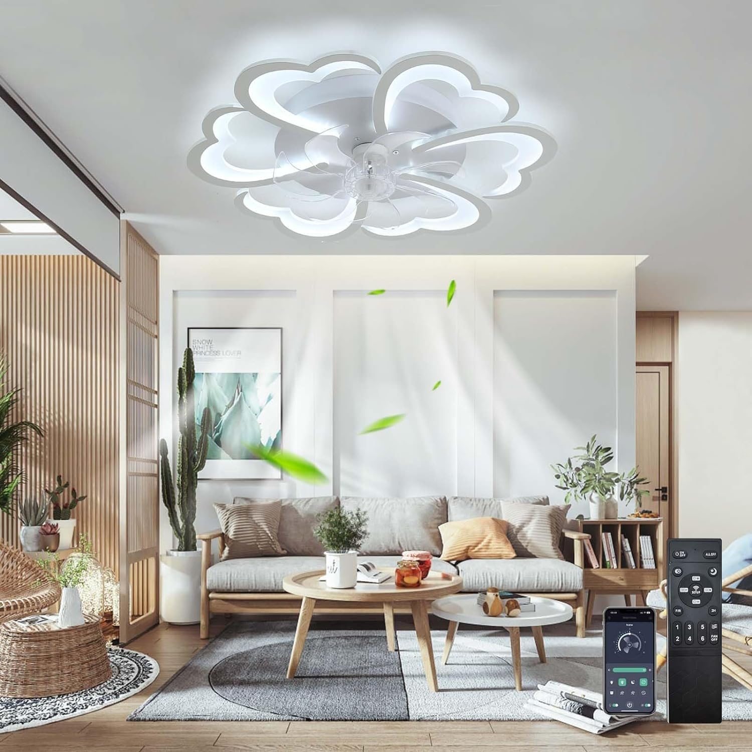 HXYSXHJUO Ceiling fan light Light and Remote Control (Silent) LED Reversible Timer (Dimmable) DC Bedroom for Lounge (White)