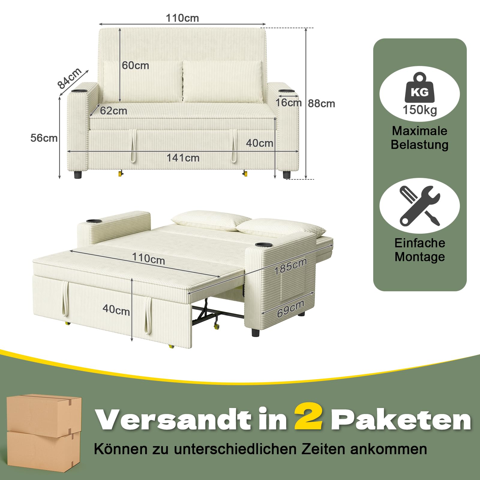 JUMMICO Schlafsofa 2 Sitzer klein Sofa mit Schlaffunktion Schlafcouch Ausziehbar mit Kissen Couch Cord-Bezug mit Getränkehalter Klappsofa Für Wohnzimmer Schlafzimmer,69 x 141 x 88 cm,Beige