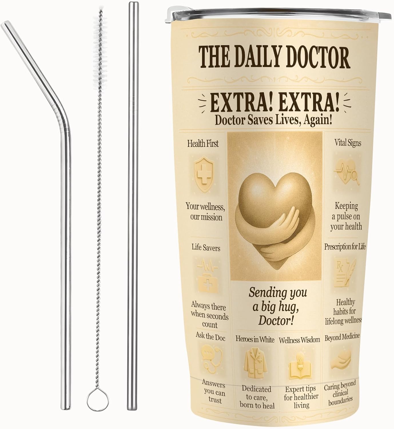 Doctor Gift – 20oz Insulated Stainless Steel Tumbler with Splash-Resistant Lid, Vintage Newspaper Design, BPA-Free Travel Cup for Physician Graduation, White Coat, Residency Match, Retirement