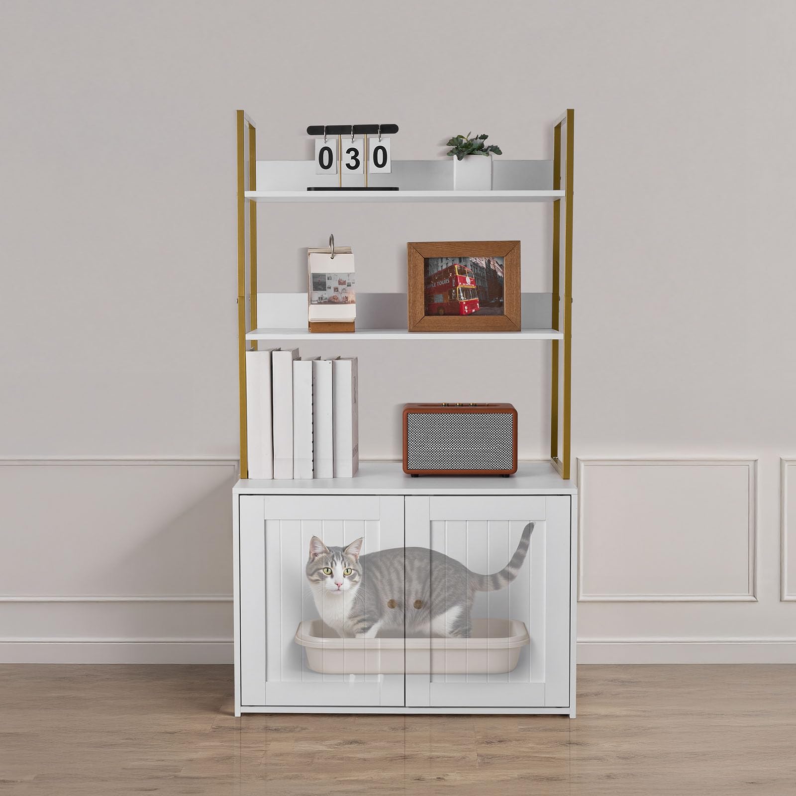 VEVOR Arenero para Gatos, 700 x 450 x 1245 mm, con Patas de Metal y Estantes de Almacenamiento de 2 Niveles, Caseta para Gatos, Compatible con la Mayoría de Areneros, Ideal para el Salón, Blanco