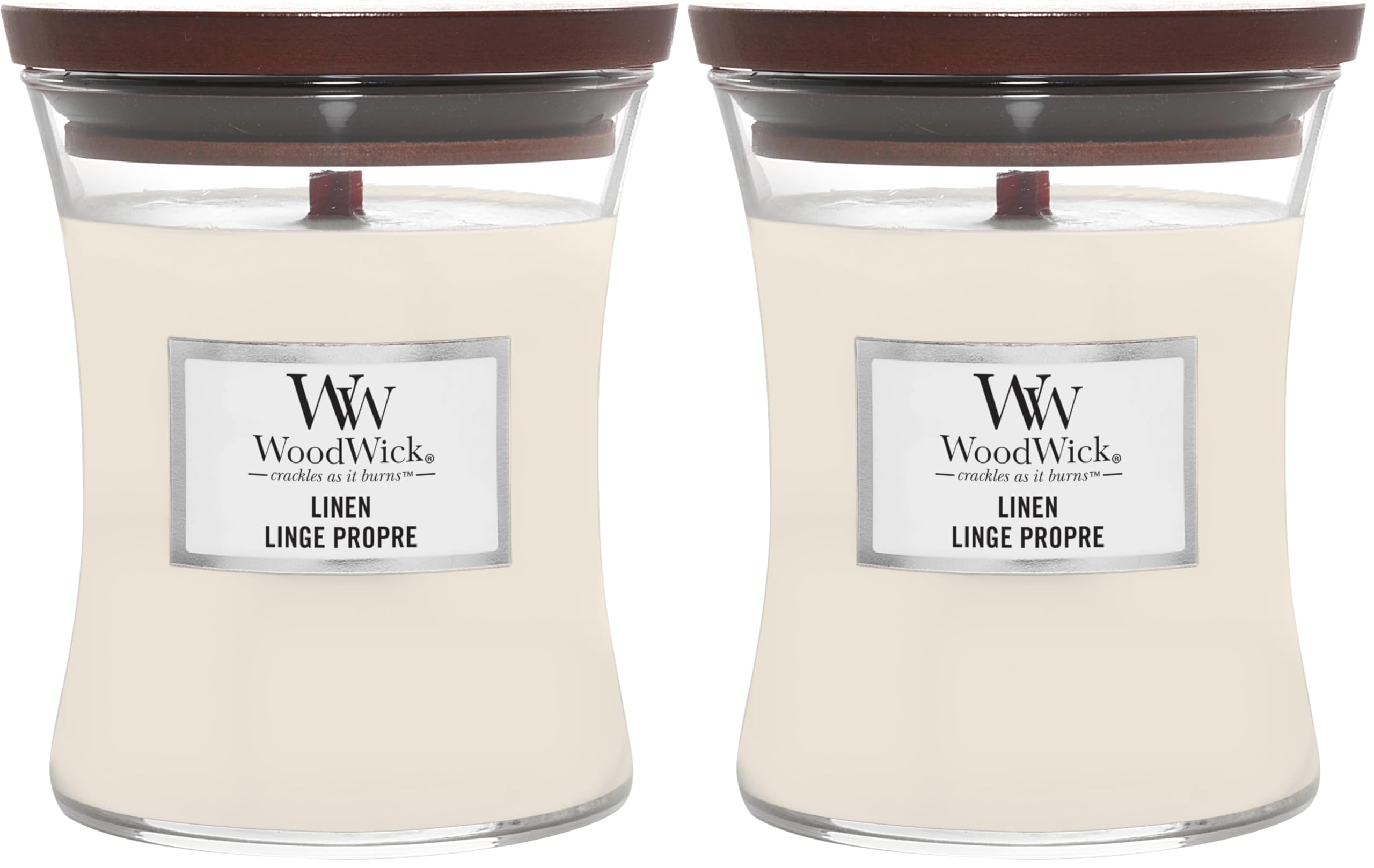 WoodWick mittelgroße Duftkerze im Sanduhrglas mit knisterndem Docht | Linen | Brenndauer bis zu 60 Stunden (Packung mit 2)