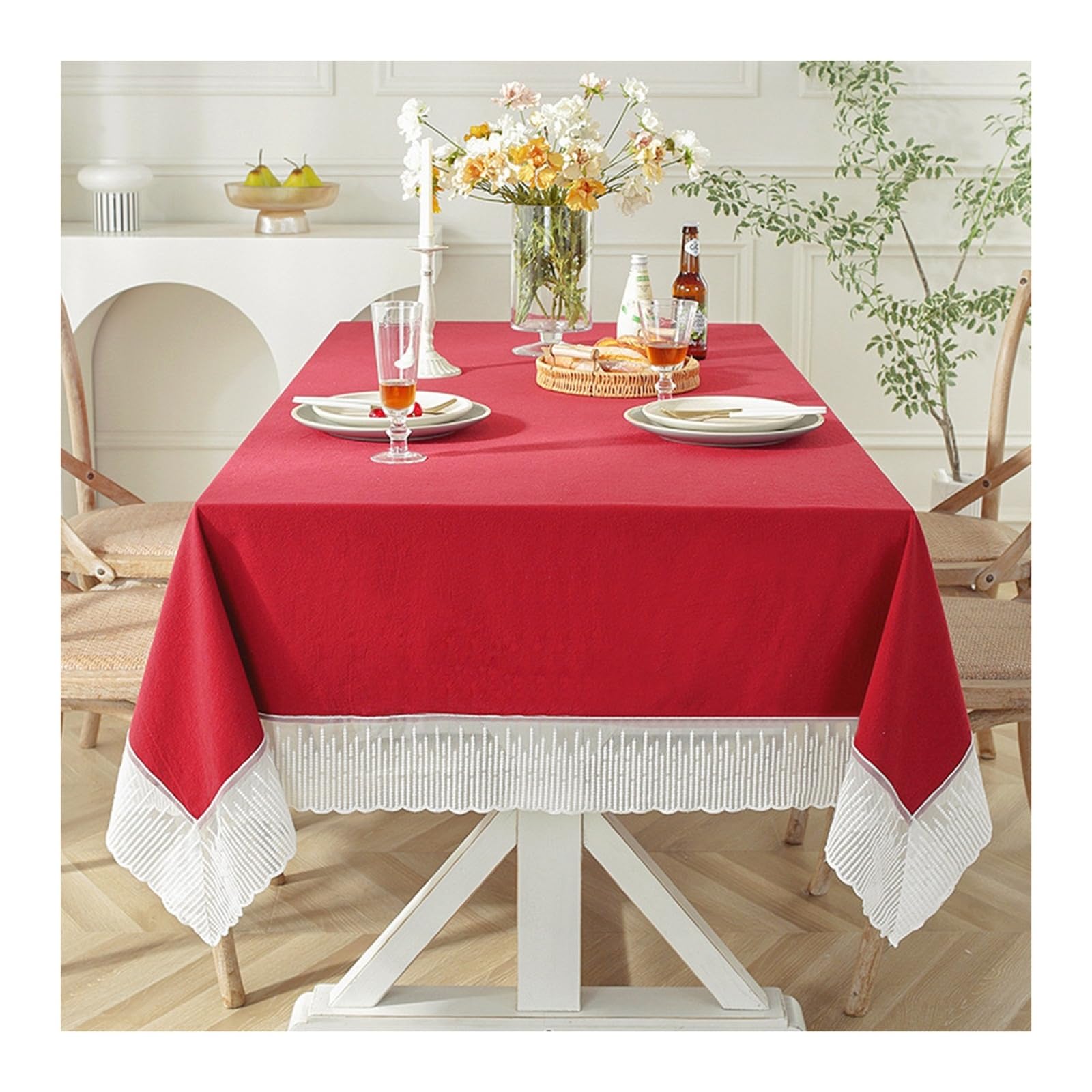 Nappe de table anti tache rouge en polyester avec dentelle 150x260 lavable et infroissable