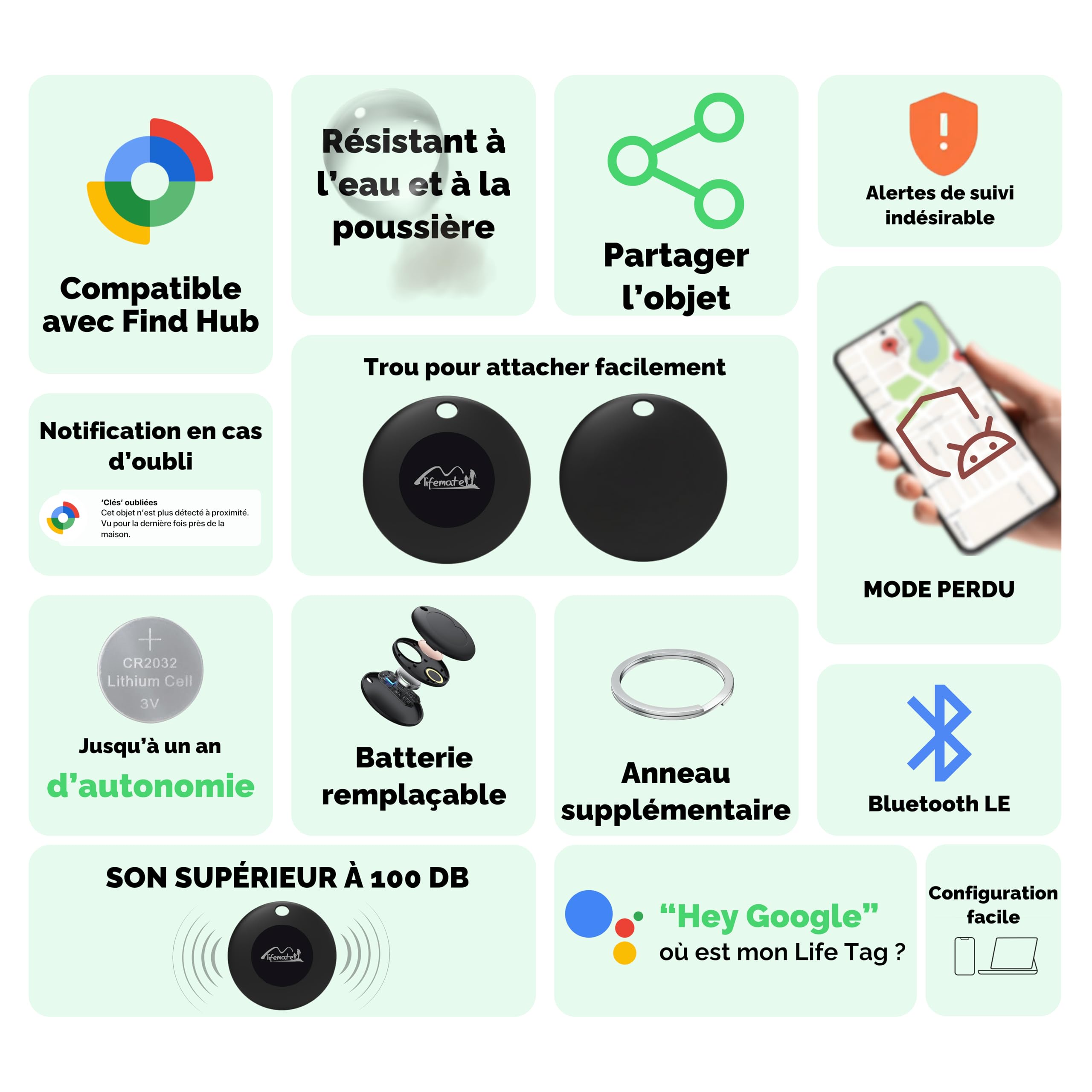 Lifemate Life Tag Android 4-Pack, Bluetooth Localisateur Intelligent Compatible avec “Localiser de Google”, Compact Android Tracker Étanche, Smart Air Tracer Tag Android pour Clés, Bagages et Animaux