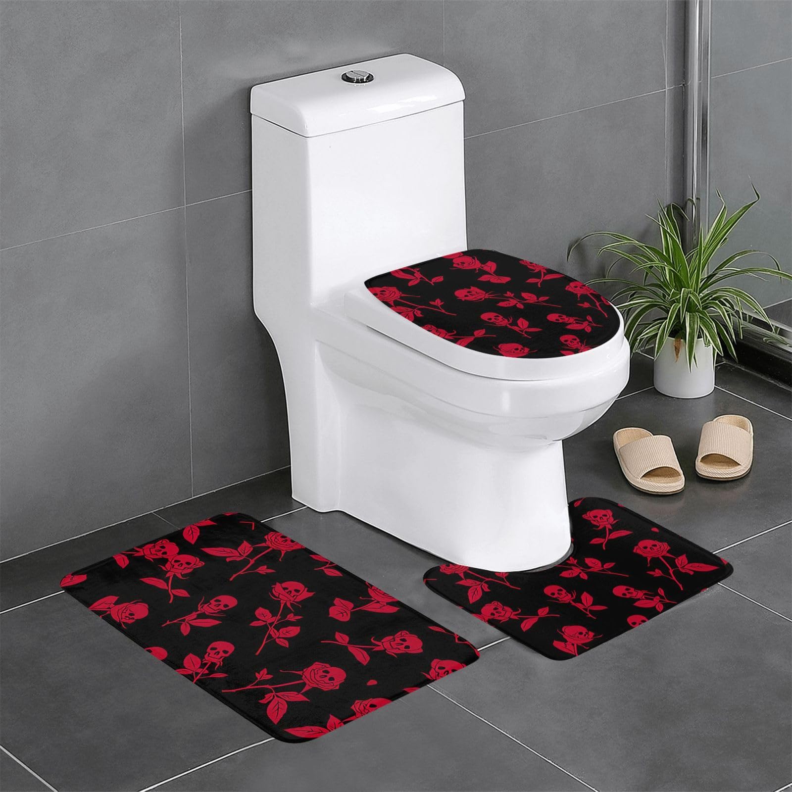 Tapis de salle de bain en U lot de 3 absorbants et lavables motif tête de mort