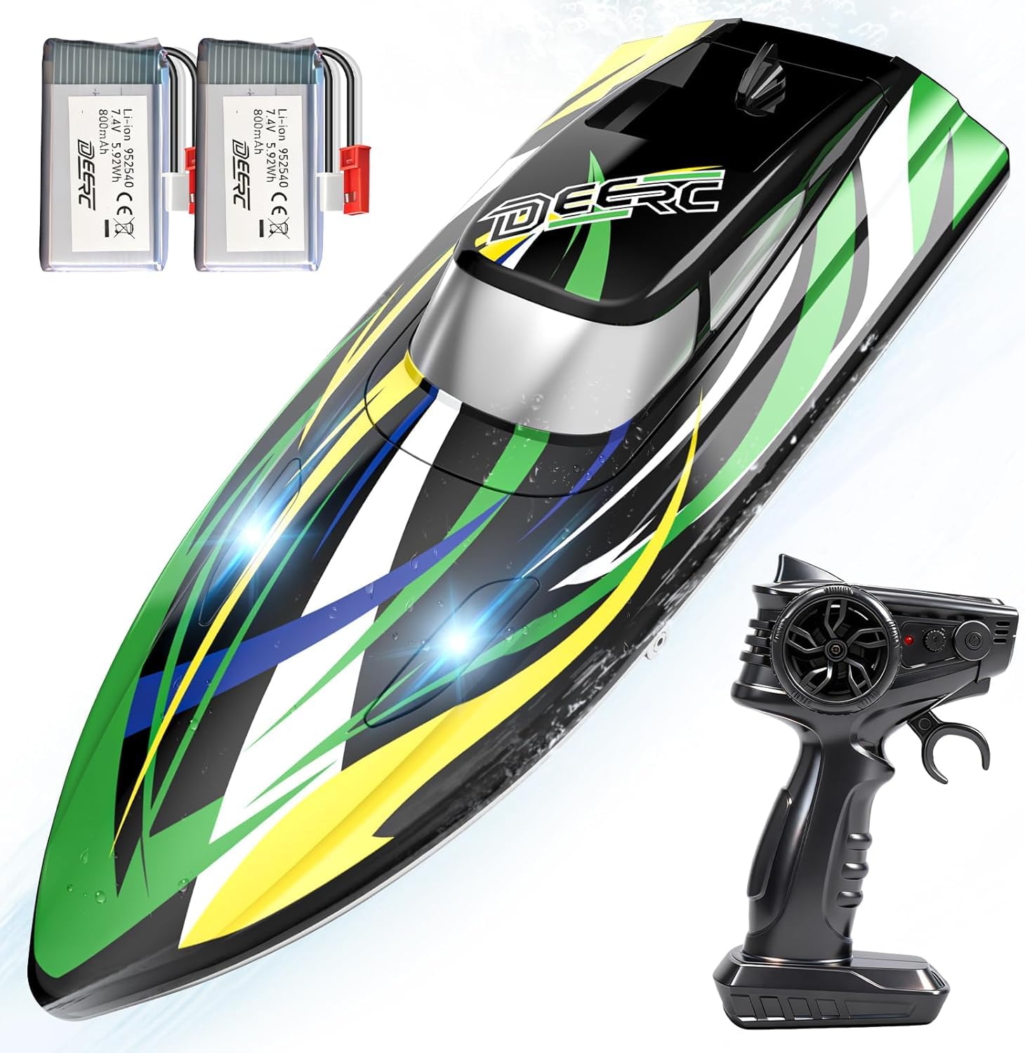 DEERC - Barco teledirigido de alta velocidad con luces LED, barco de carreras RC rápido autorectificador, 2 baterías para más de 24 minutos de autonomía, mando a distancia de 2,4 GHz, juguete para