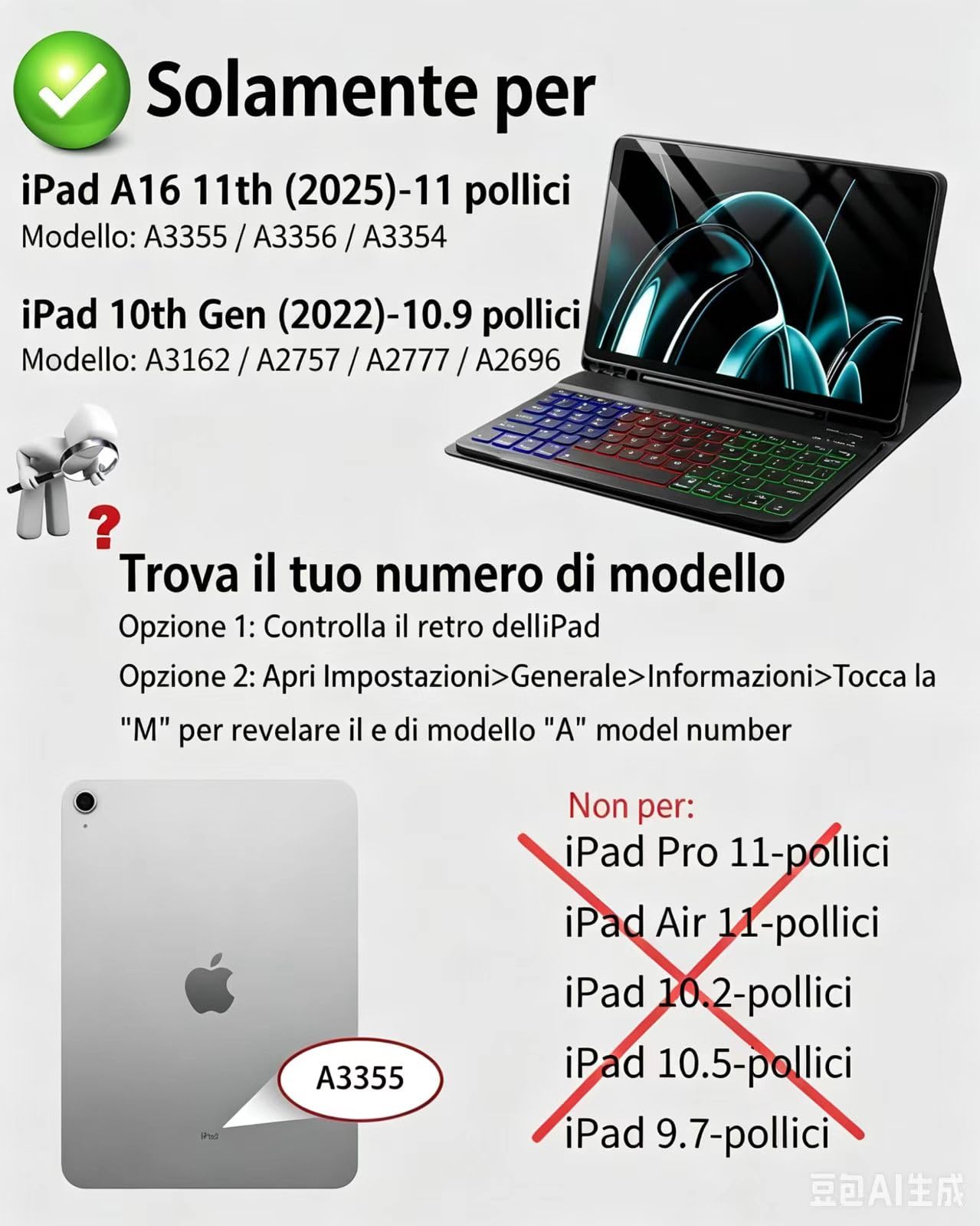 iPad A16 11 Generation 2025 iPad 10 Generation 2022 10.9-11 Pollici Cover Custodia Protettiva con Tastiera Retroilluminata Bluetooth Italiano QWERTY e Mouse Nero