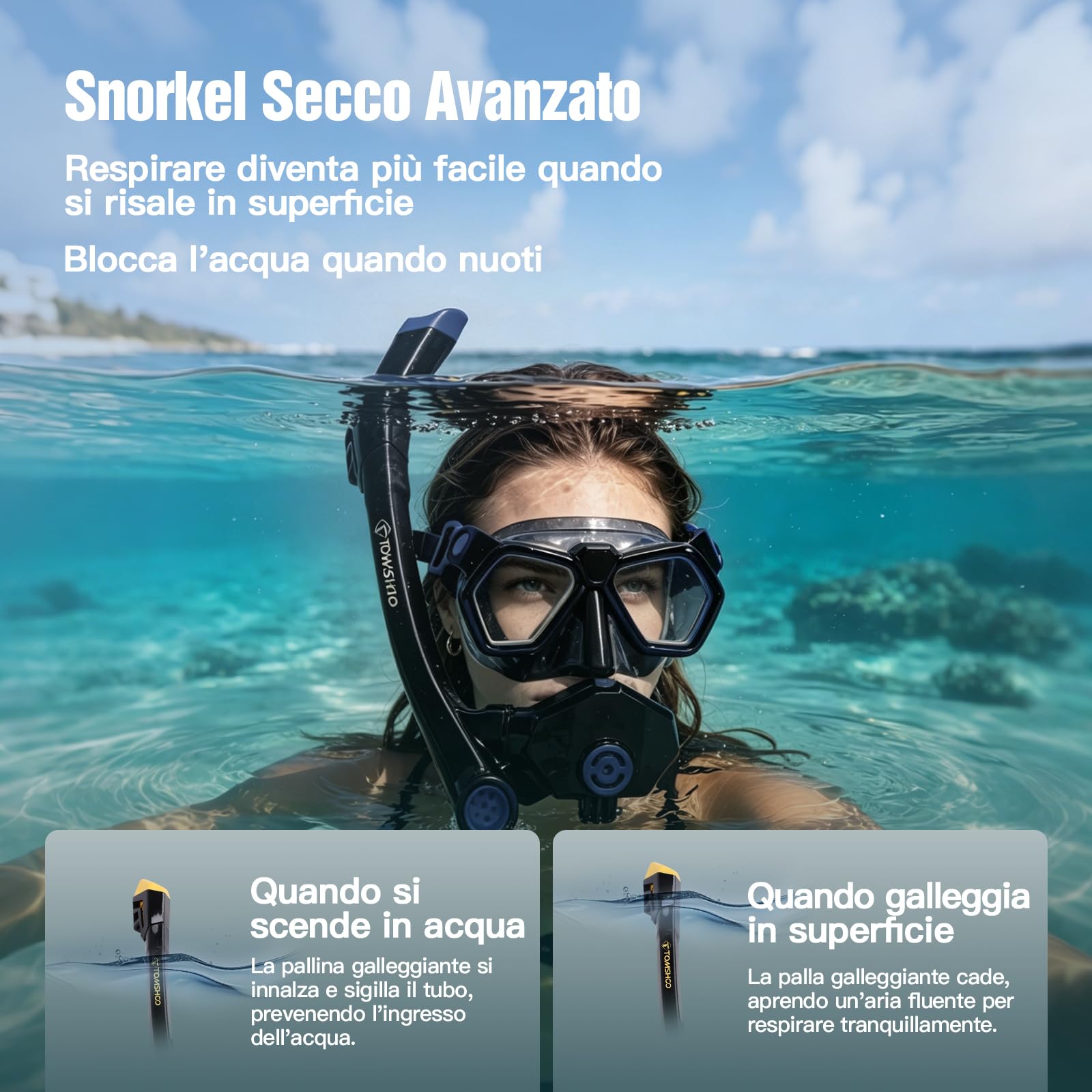 TOMSHOO Set da snorkeling con boccaglio e occhiali da immersione, occhiali da immersione, con campo visivo panoramico a 180°, con boccaglio a 3 canali Premium Dry per immersioni e nuoto