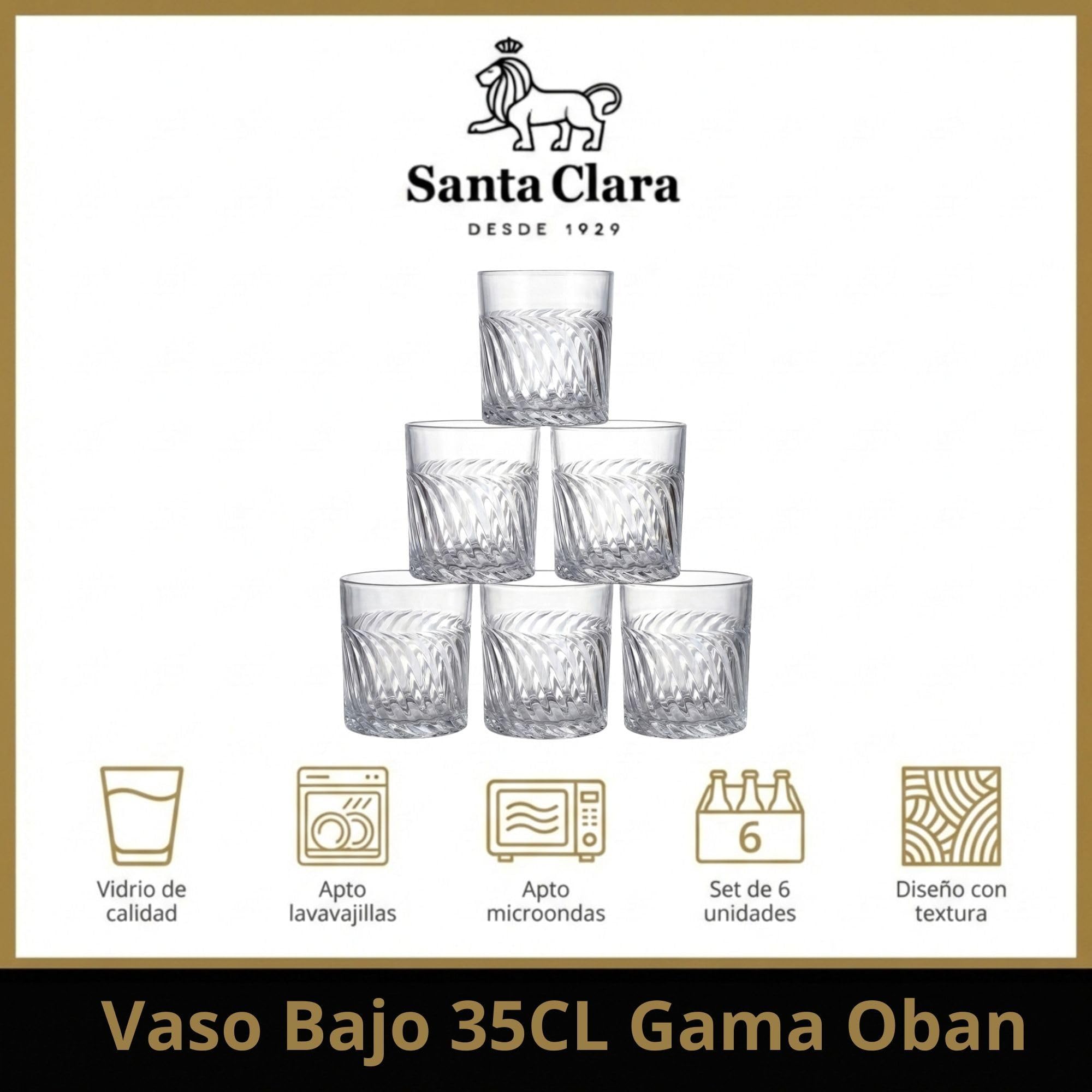 INDE SANTA CLARA | Set 6 Vasos de Cristal Agua 35cl Oban Tallado Transparente, Vasos Bajos de Vidrio Claro, Vasos Agua Aptos Lavavajillas y Microondas - 2