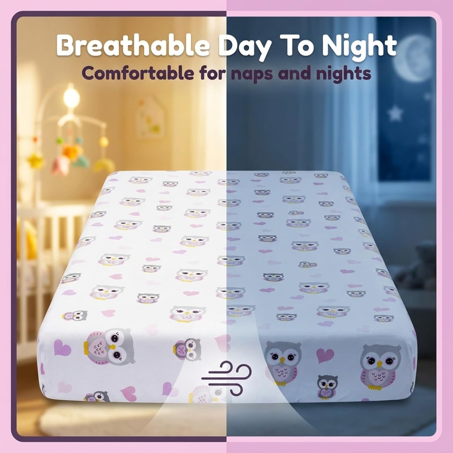 Paquete de 2 sábanas bajeras para cuna para niñas en 100% algodón de punto jersey – Sábanas de colchón de cuna para niña con un tema natural de búhos con corazones morados y rosas y una sábana gris