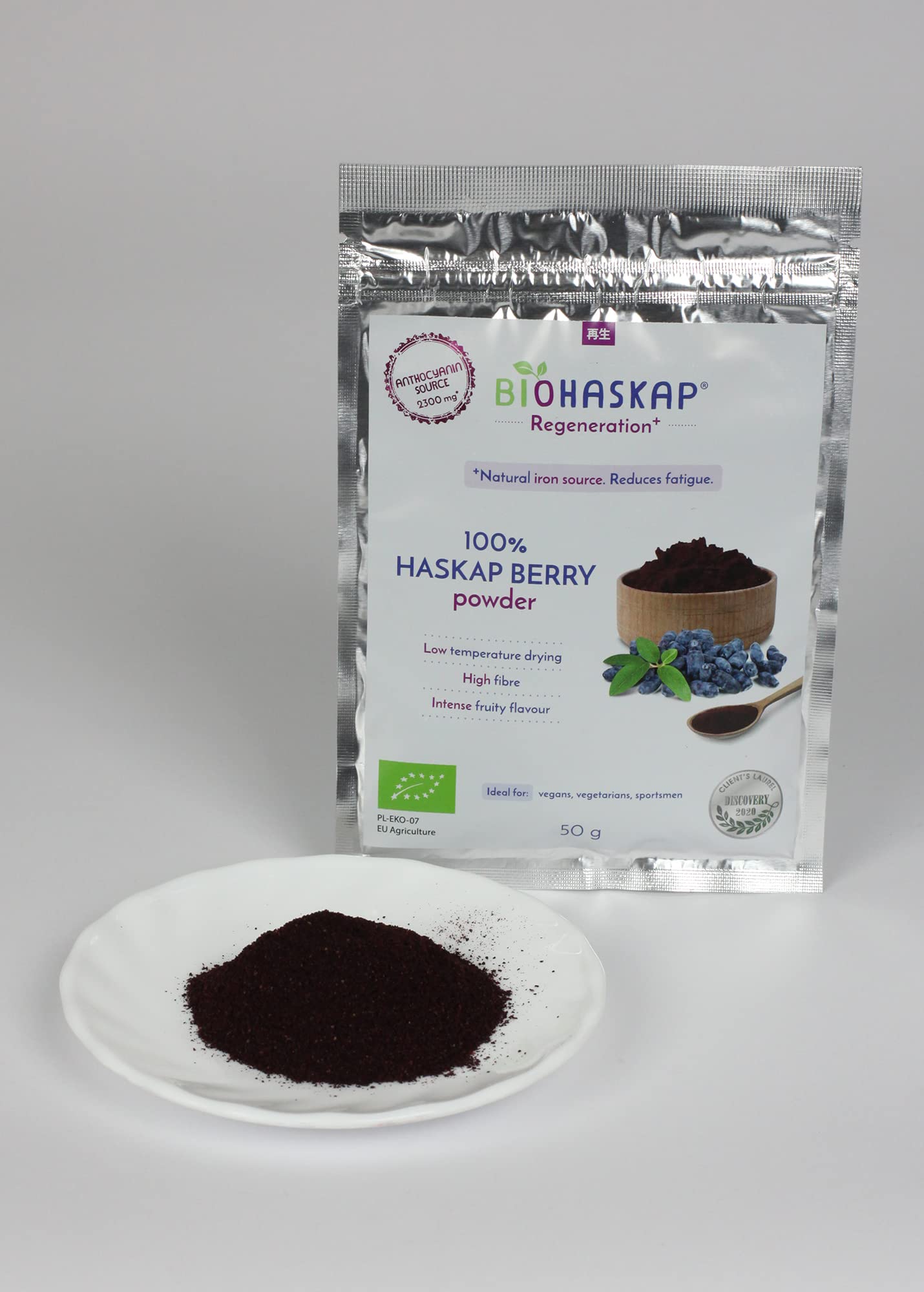 Bacche di HASKAP (Mirtillo siberiano) biologiche in polvere BIOHASKAP® Regeneration+, 50 g, fonte di ANTOCIANINA e FERRO. Rigenera l'organismo. NUTRACEUTICO. 1 cucchiaino al giorno. Lot 13.08.2027