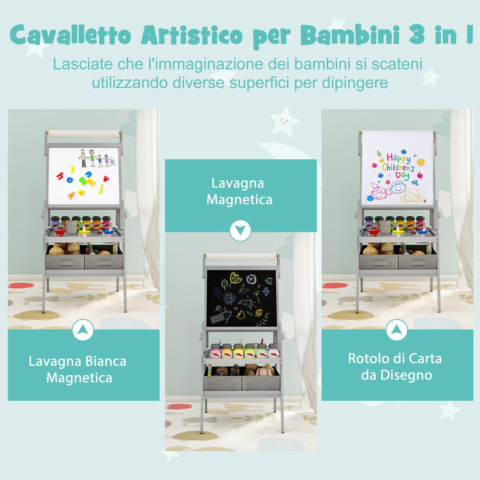 RELAX4LIFE 3 in 1 Lavagna per Bambini, Cavalletto con Doppia Faccia Magnetica e Lavagna Bianca, Rotolo di Carta, Scaffale Doppio e 2 Cesto in Tessuto Pieghevole, 3 Tazze, per 3+ Anni