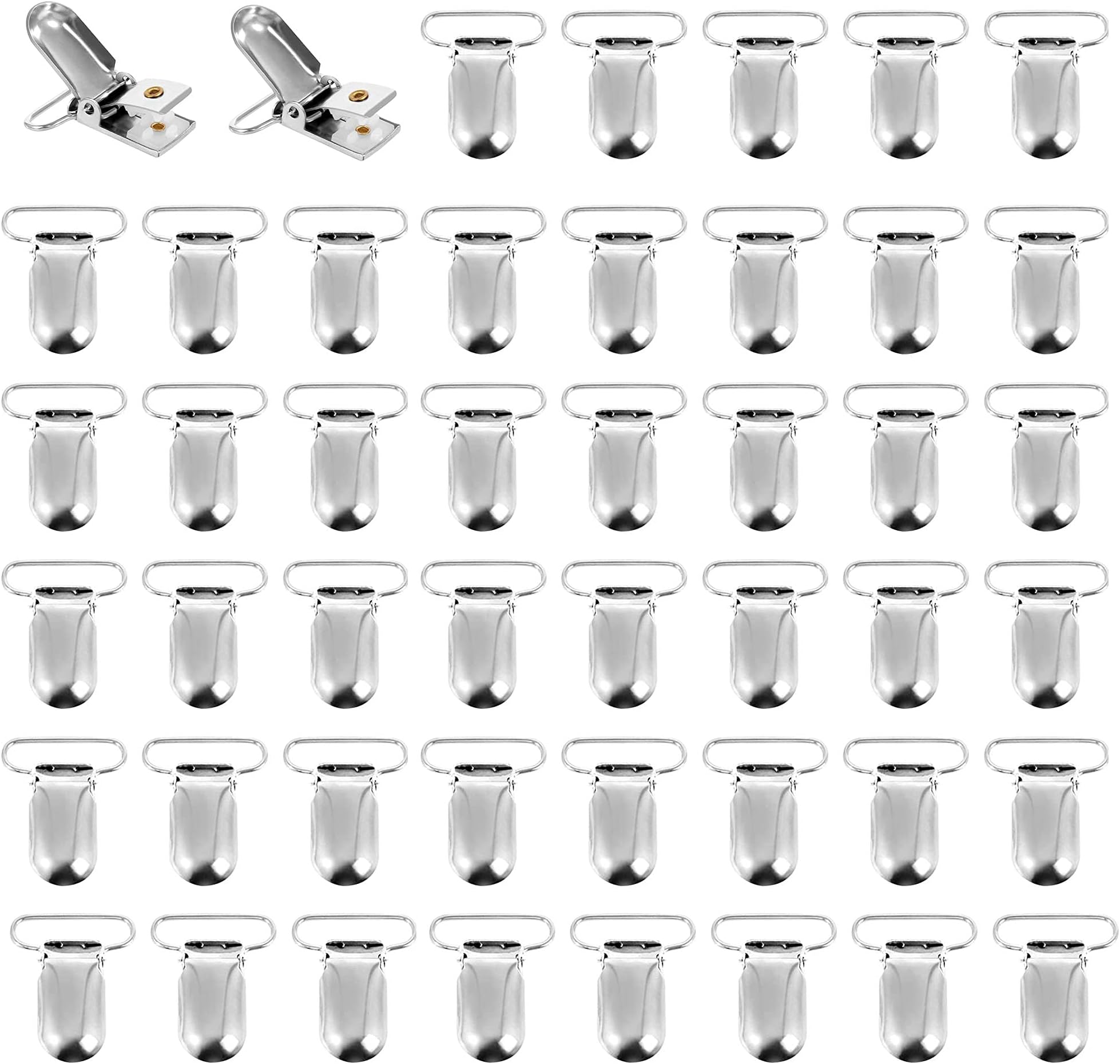 Schneespitze 50 Pieces Silver Metal Pacifier Clips Loop,Soother Clip Metal Clips Pacifier Clip,Round Head With Square Rubber for Making Pacifier Holders, Bib Clips, Toy Holder and Many