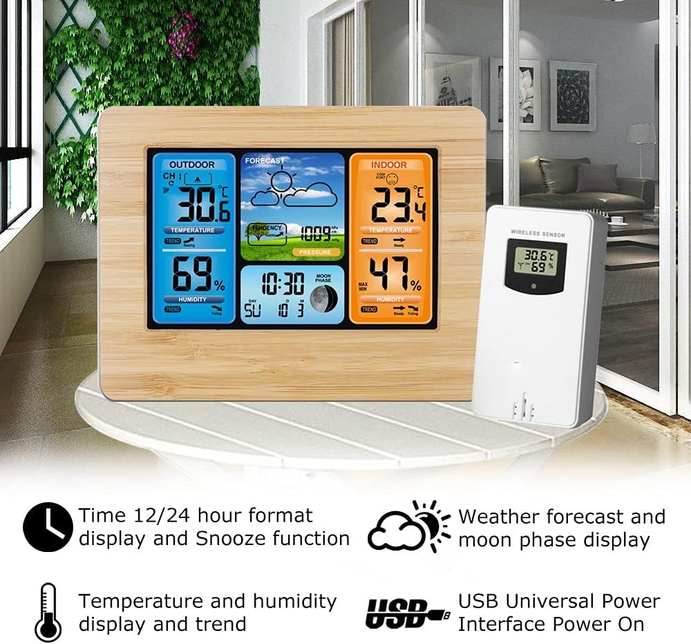 JSEIAJB Weather Station Wall Clock Indoor Outdoor Temperature Humidity Barometer Alarm Clock Moon Phase