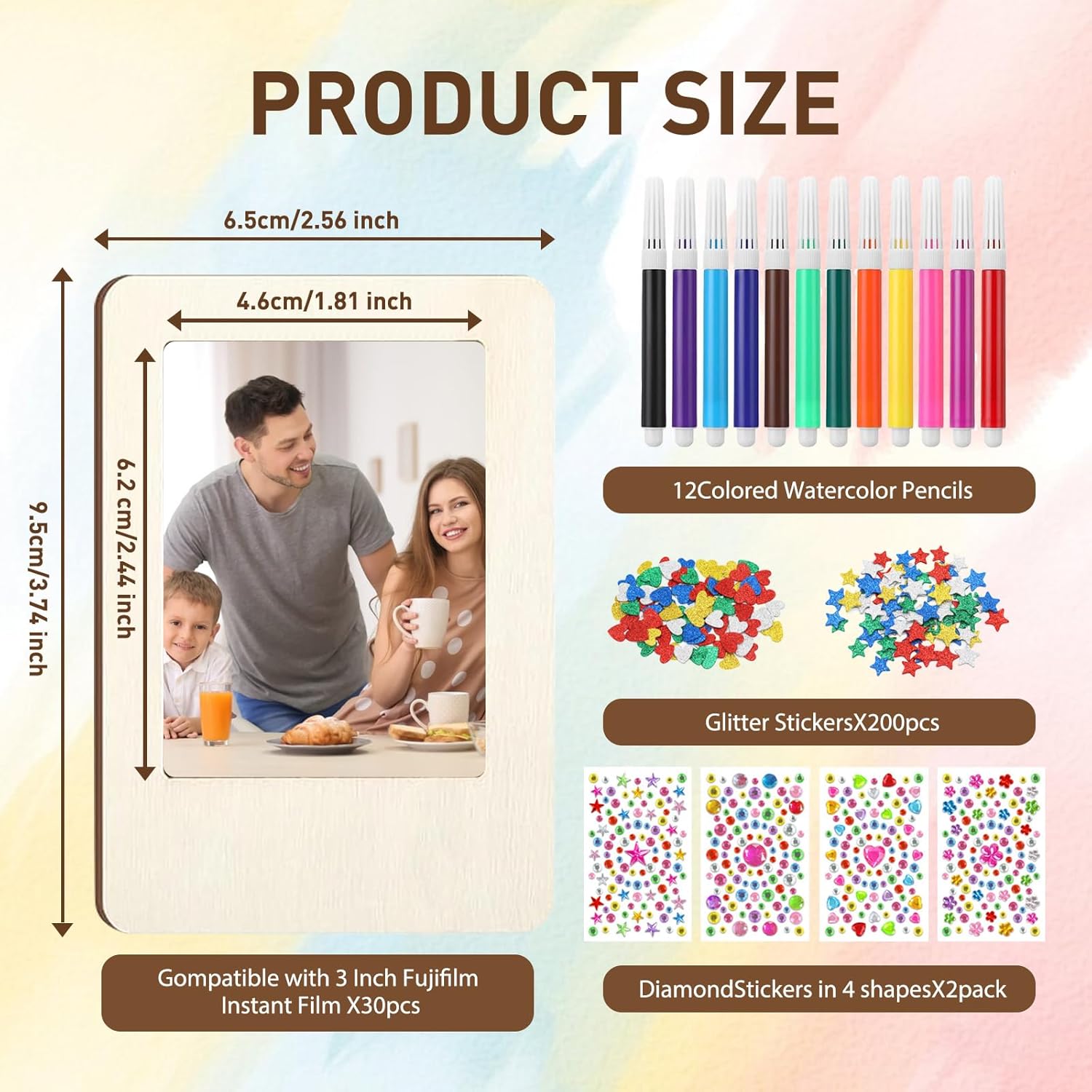 30 Pack Magnetic Wooden Picture Frames for Crafts, Mini Unfinished Wooden Photo Frames with Pencils & Stickers, DIY Crafts Magnetic Frames for Refrigerator Decor