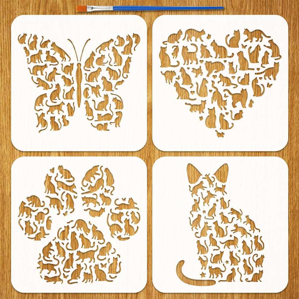 FINGERINSPIRE 4PCS Cat Shape Stencils with 1Pc Brush 20x20cm Cats Silhouettes Painting Stencil Hearts Butterflies Claws Shape Cats Template for Painting on Wood Wall Furniture DIY Home Decoration