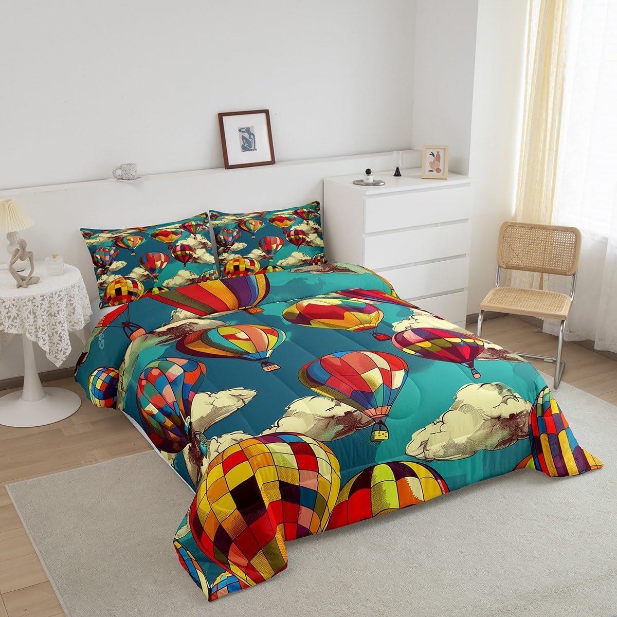 Erosebridal Hot Air Balloon Twin Comforter Set for Boys Girls Kids,Cute Rainbow Bedding Set Boho Room Decor,Blue Sky Cloud Comforter Set Breathable Cartoon Colorful Balloons Quilt Bed Set 2Pcs