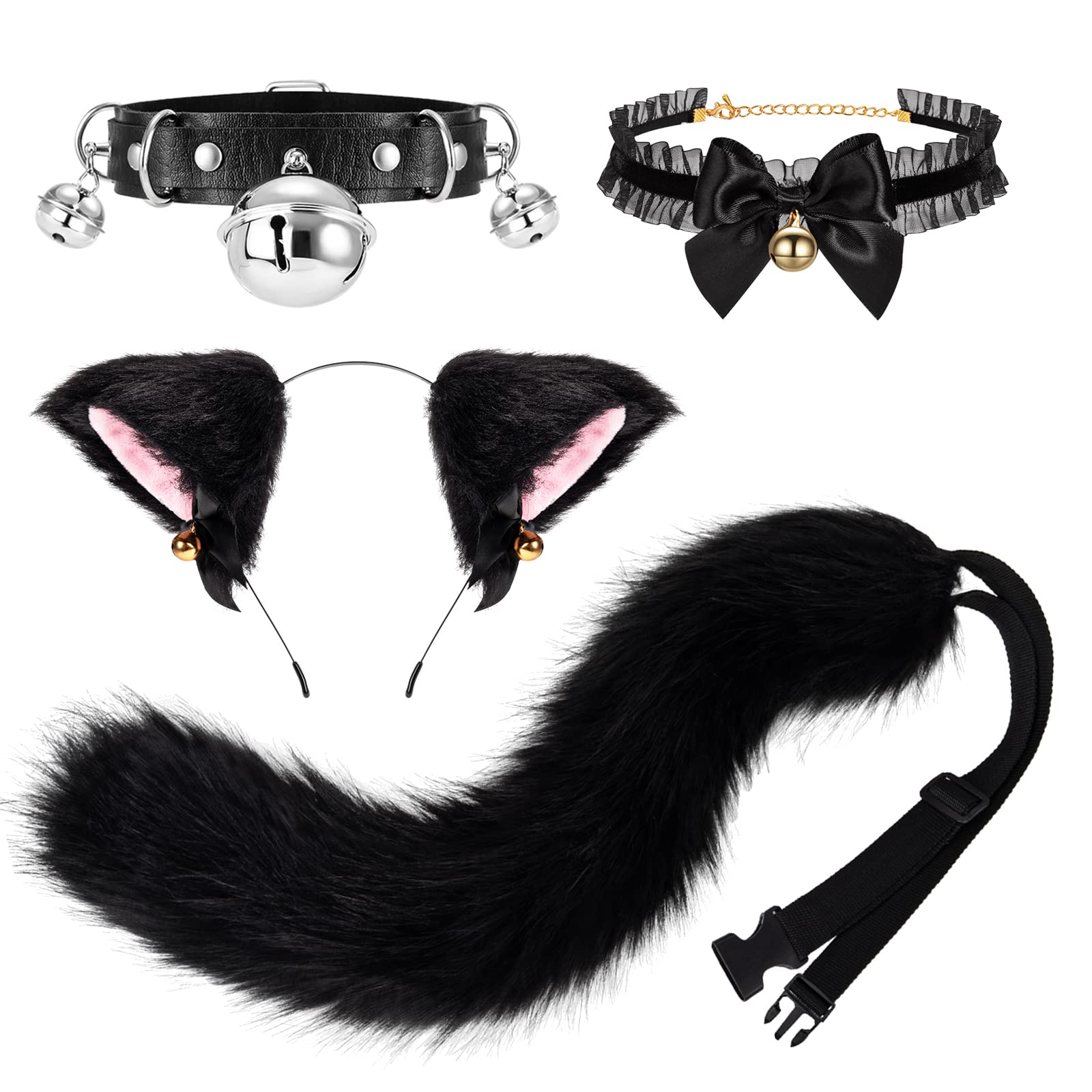 XEPST Cat Cosplay Costume Set Cat Ears and Animal Tail Kit, Faux Fur Furry Fox Wolf Tail Kit with Ears and Bells Collar for Anime Fancy Dress Party Halloween Christmas Dress Up Carnival Role Play — image 1