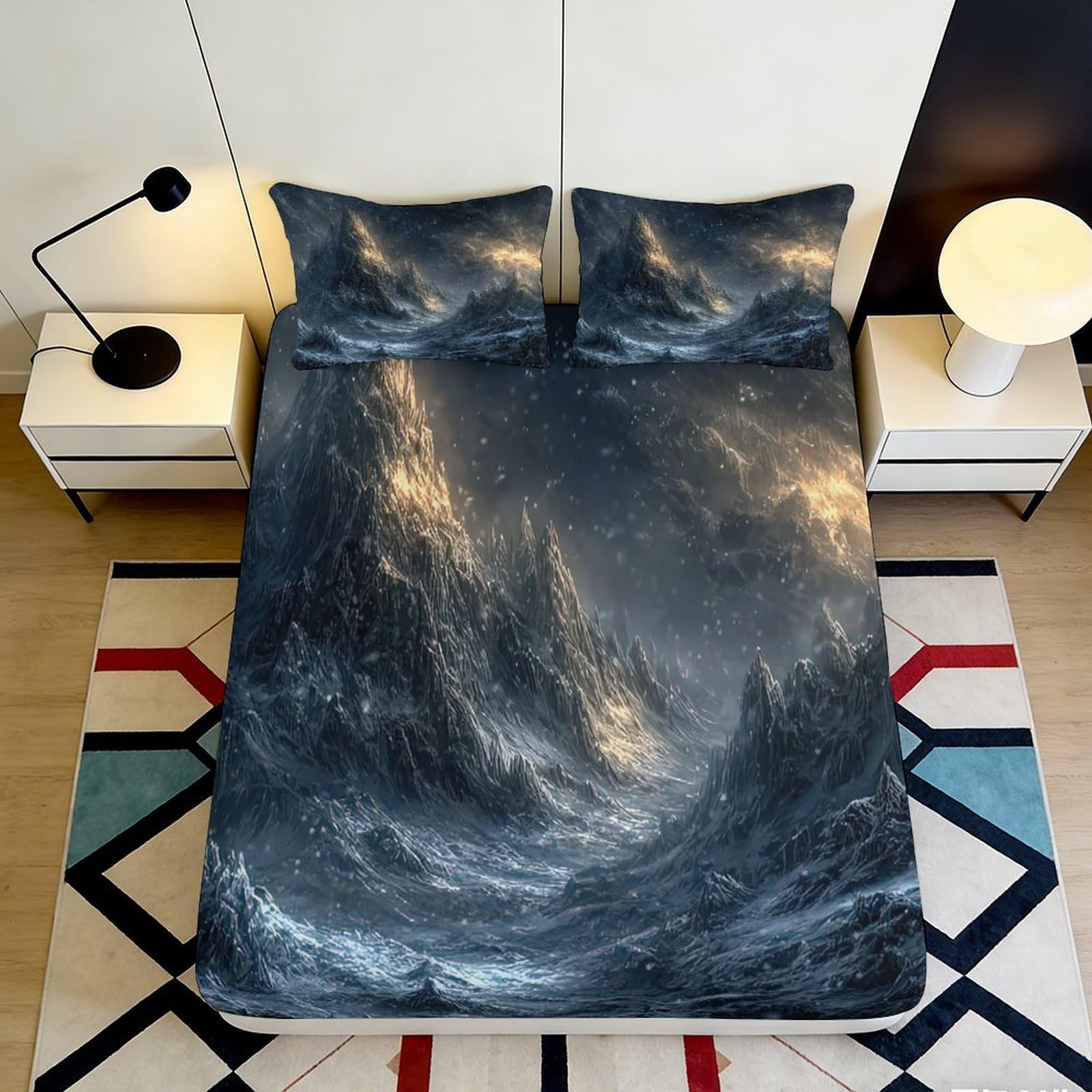 3D Printed Stormy Ocean Fitted Sheet Microfiber Soft Breathable Mountain Wave Bed Cover for Bedroom Dorm Decor 90x200x25cm