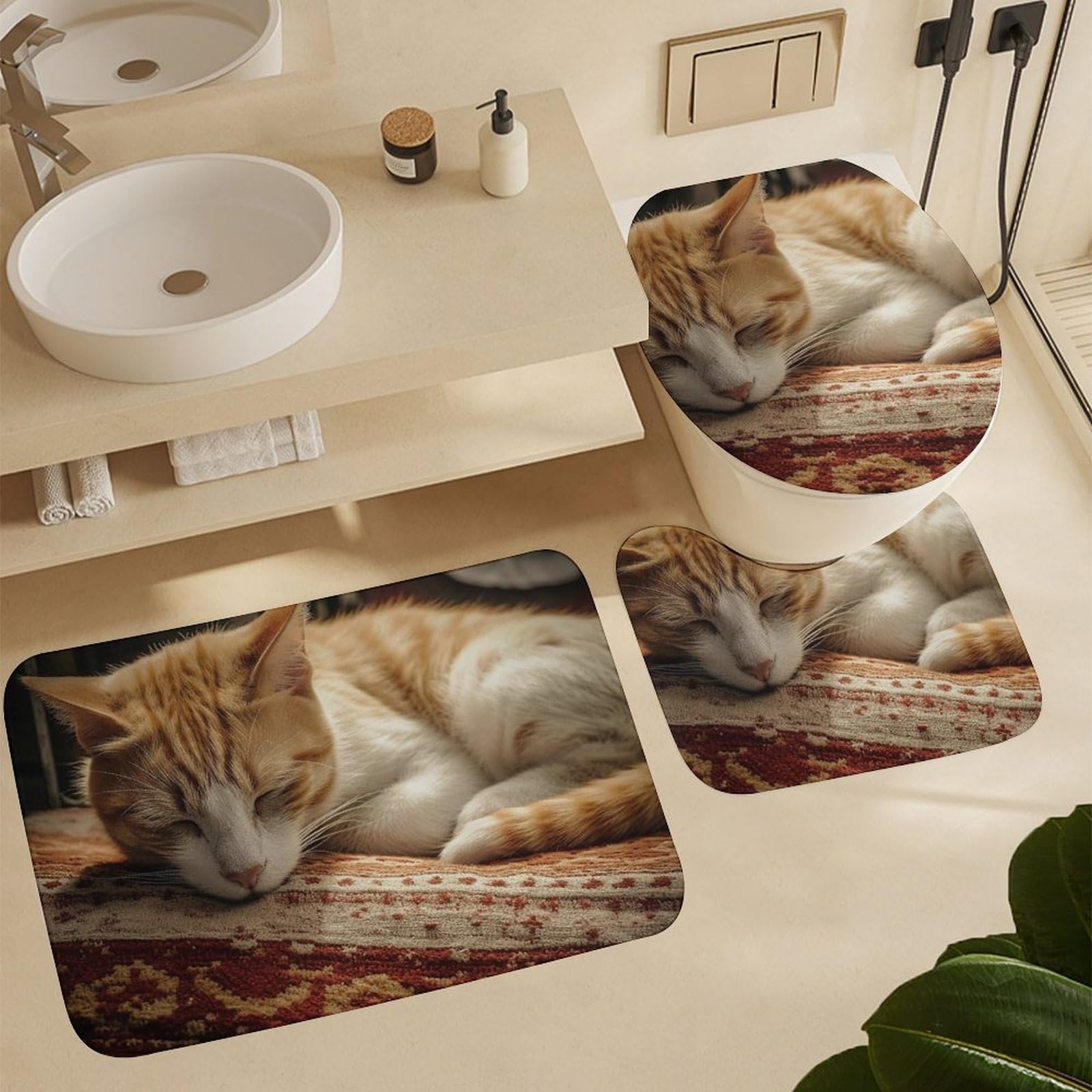 Tapis de bain chat ensemble 3 pièces anti-glisse idéal pour sortie de douche