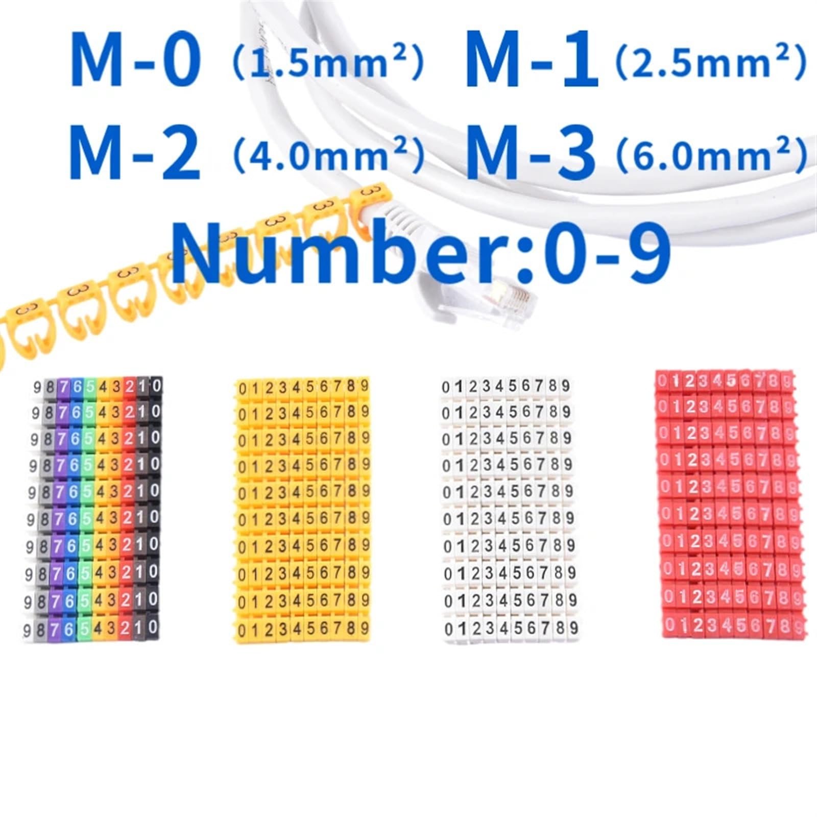 Etykiety do kabli, 100/150 szt. kolorowych znaczników kablowych typu C z etykietą numeryczną do sieci przewodów 2-10 mm(Yellow M 4(10.0mm))