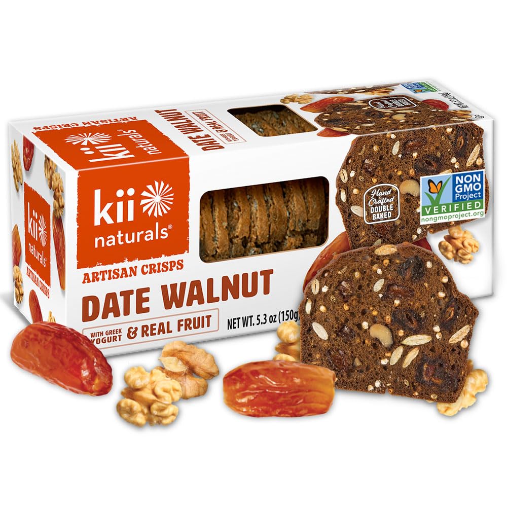 Kii Naturals Artisan Crisps, Healthy Snack Crackers for Cheese, Meats, Spreads, Charcuterie Board - Non-GMO, Kosher, No Preservatives, Hand-Crafted - Date & Walnut, 5.3 Ounce (Pack of 1)
