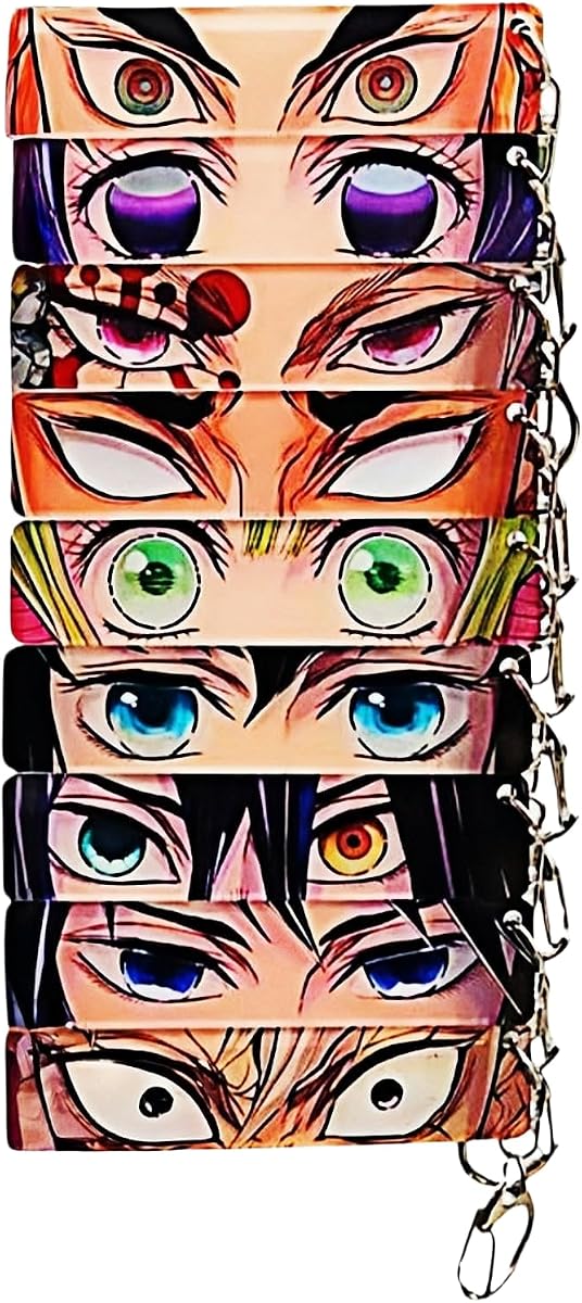 9 Uds llavero Demon Slayer de Anime ojos de personaje tarjeta transparente colgante accesorios para bolsa de llaves regalo para ventilador