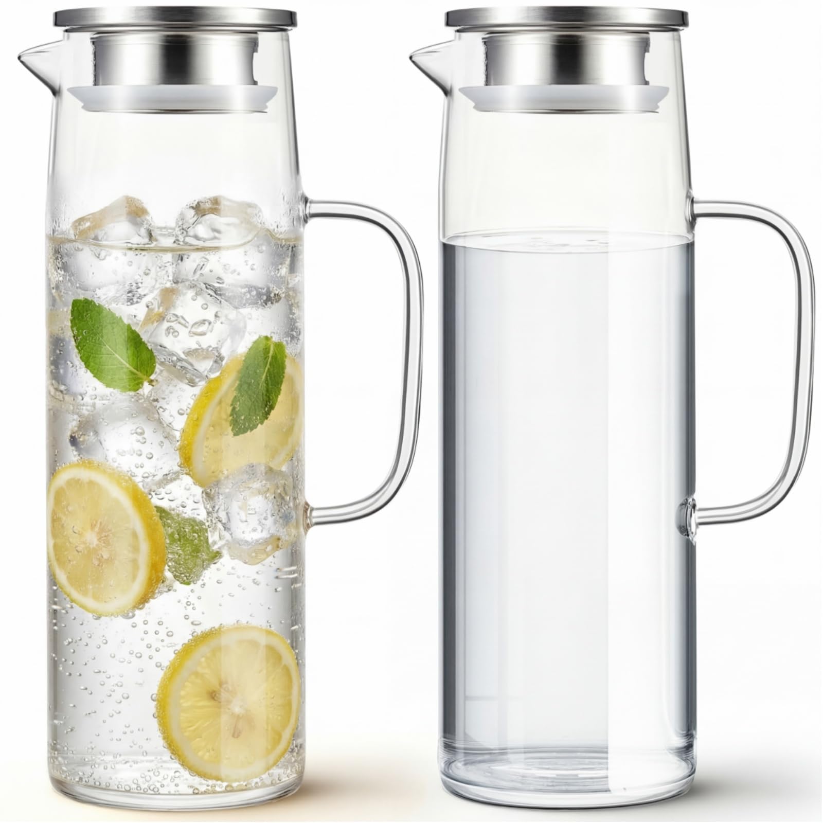 Hsei 2 juegos de jarra de vidrio con tapa, jarra de agua de 1500 ml con asas para bebidas frías y calientes, jarra de vidrio para té, jugo, leche, café, bebidas heladas