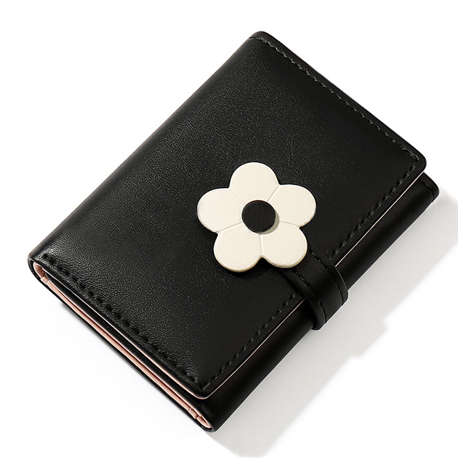 LJCZKA Cute Small Wallet for Girls Women RFID Blocking PU Leather Tri-folded Flowers Cash Pocket with Card Holder Slim Short Wallet (Black)