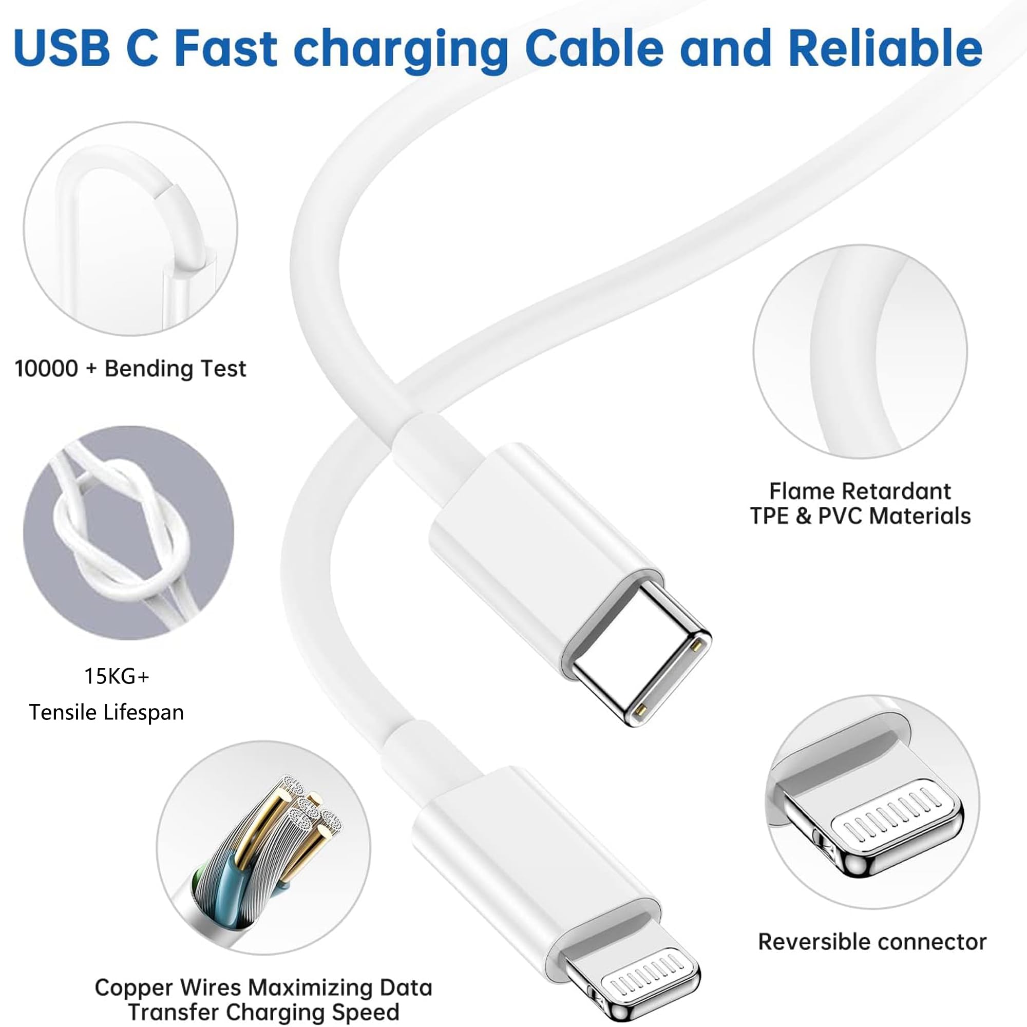 Caricabatterie rapido per iPhone, confezione da 3 pezzi, certificato MFi, blocco di ricarica rapida per iPhone, adattatore di ricarica rapida USB C, con cavo da USB C a Lightning da 3 m, cavo di