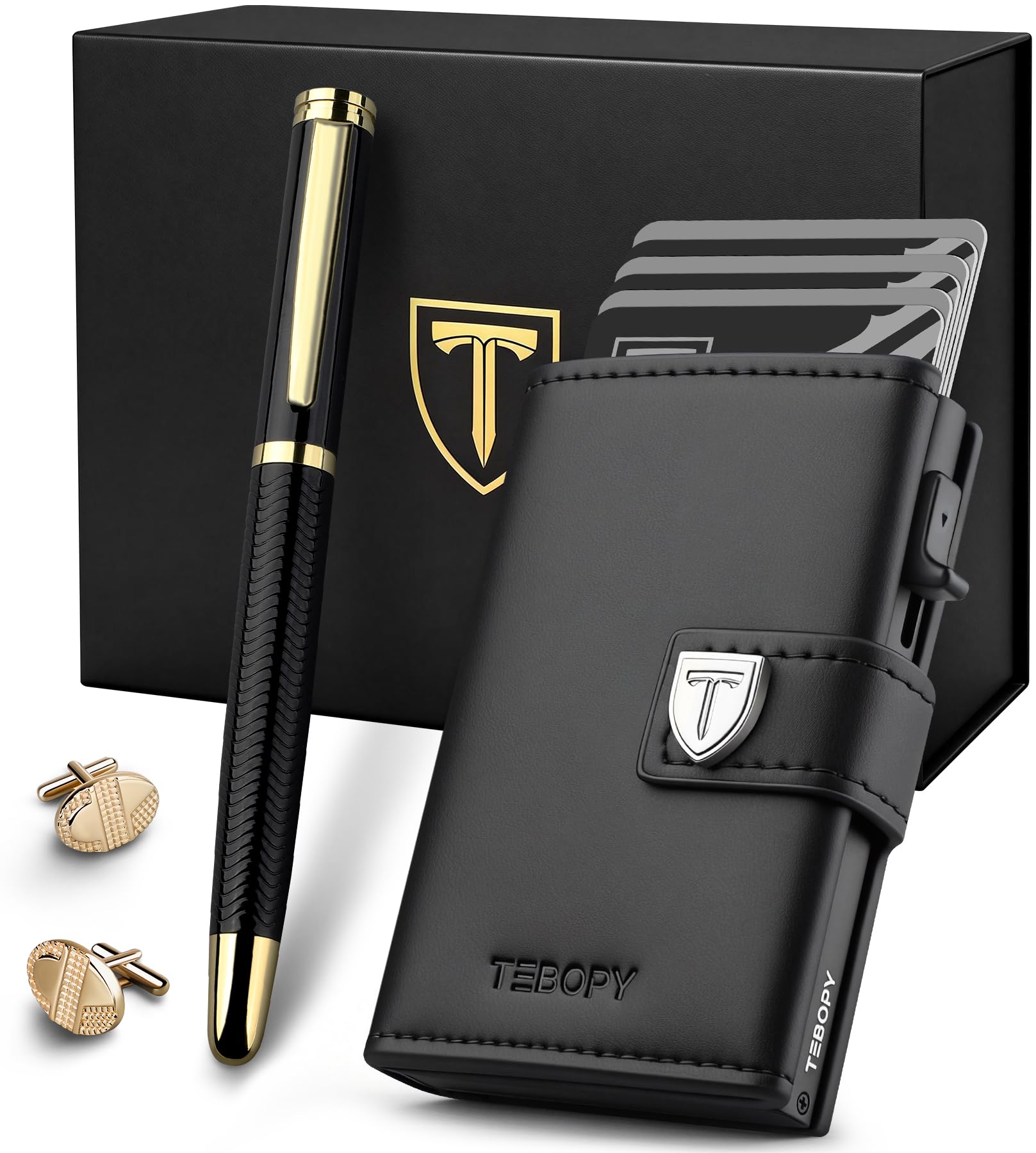 Tebopy Geldbörse Herren - Portmonee Herren Set mit Kugelschreiber & Manschettenknöpfe, Slim Wallet mit RFID Schutz & Münzfach, Luxus Geldbeutel Kartenetui für 10 Kreditkarten, Premium Portemonnaie