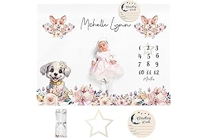 Personalized Baby Monthly Milestone Blanket for Girl: Pink Dog Months Blanket with Wooden Frame