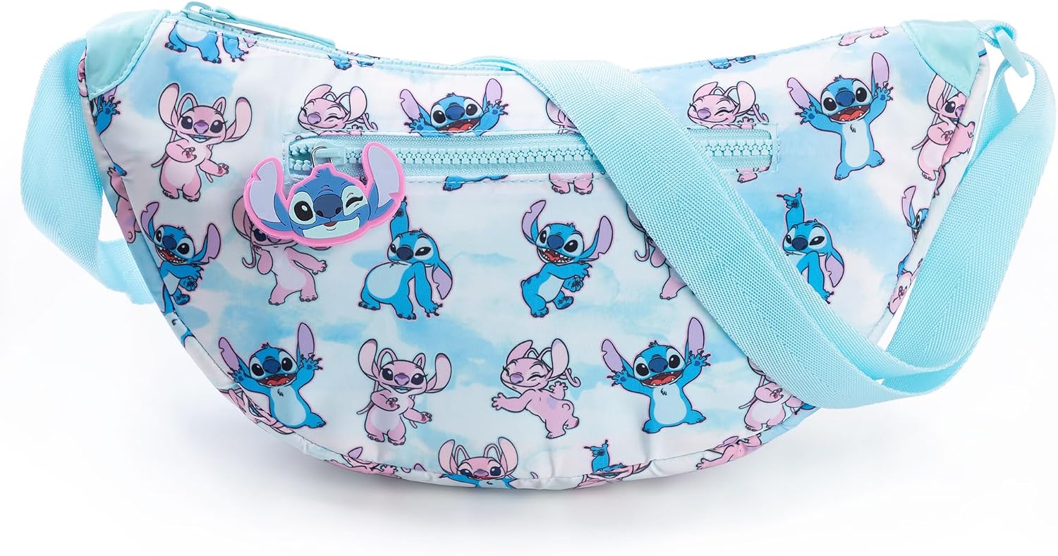 Disney Lilo & Stitch Women's Blue Bum Bag | Adjustable Sling Bag with Zip Closure | Cartoon Stitch & Angel Design Movie Merchandise | Stitch Merch