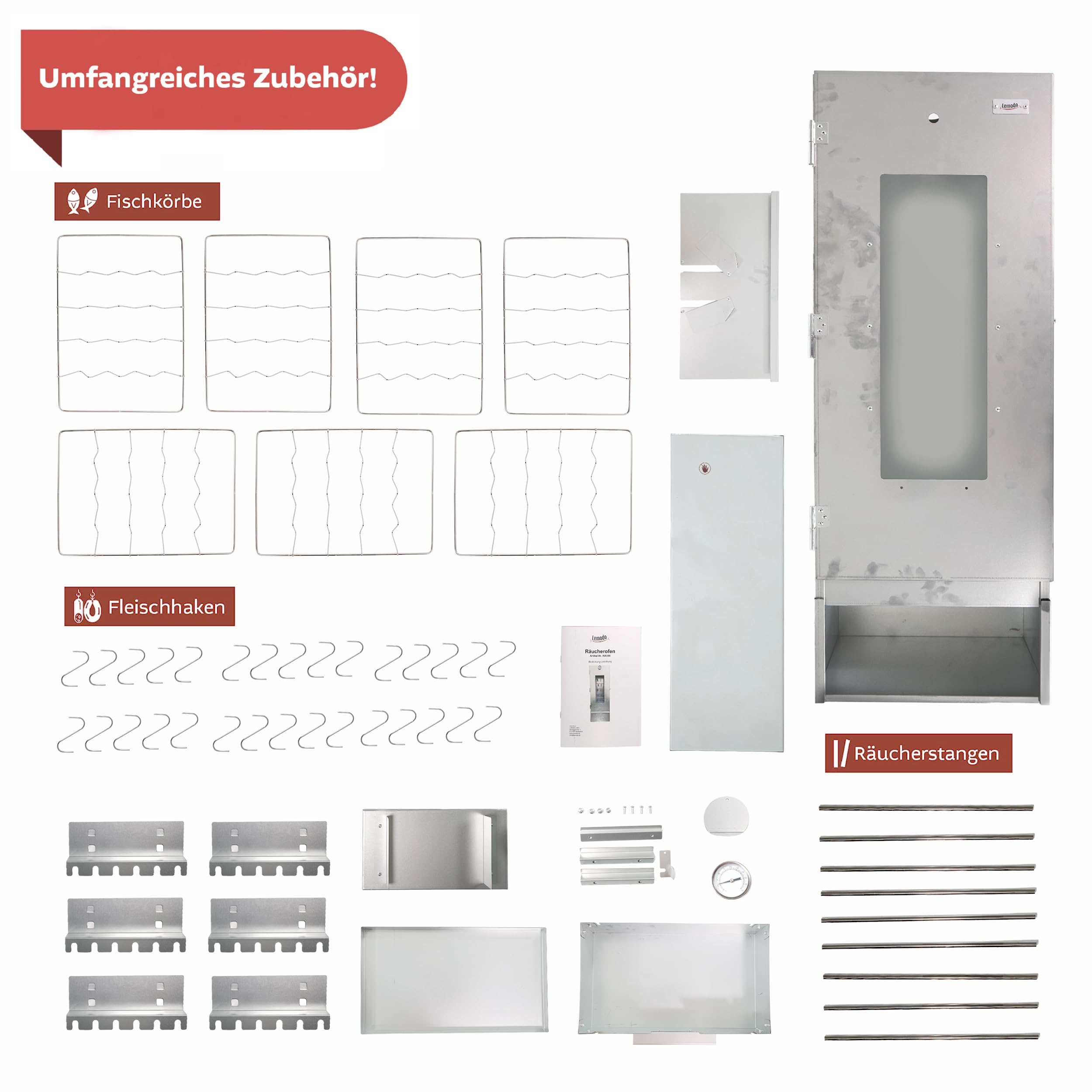 Lemodo, Räucherofen 110 cm aus Stahl, höhenverstellbare Auflageschienen, Sichtfenster, Thermometer, Zubehör für Fisch, Fleisch, Wurst, Käse, Kalt-, Warm- und Heißräuchern, mit Schönheitsfehler