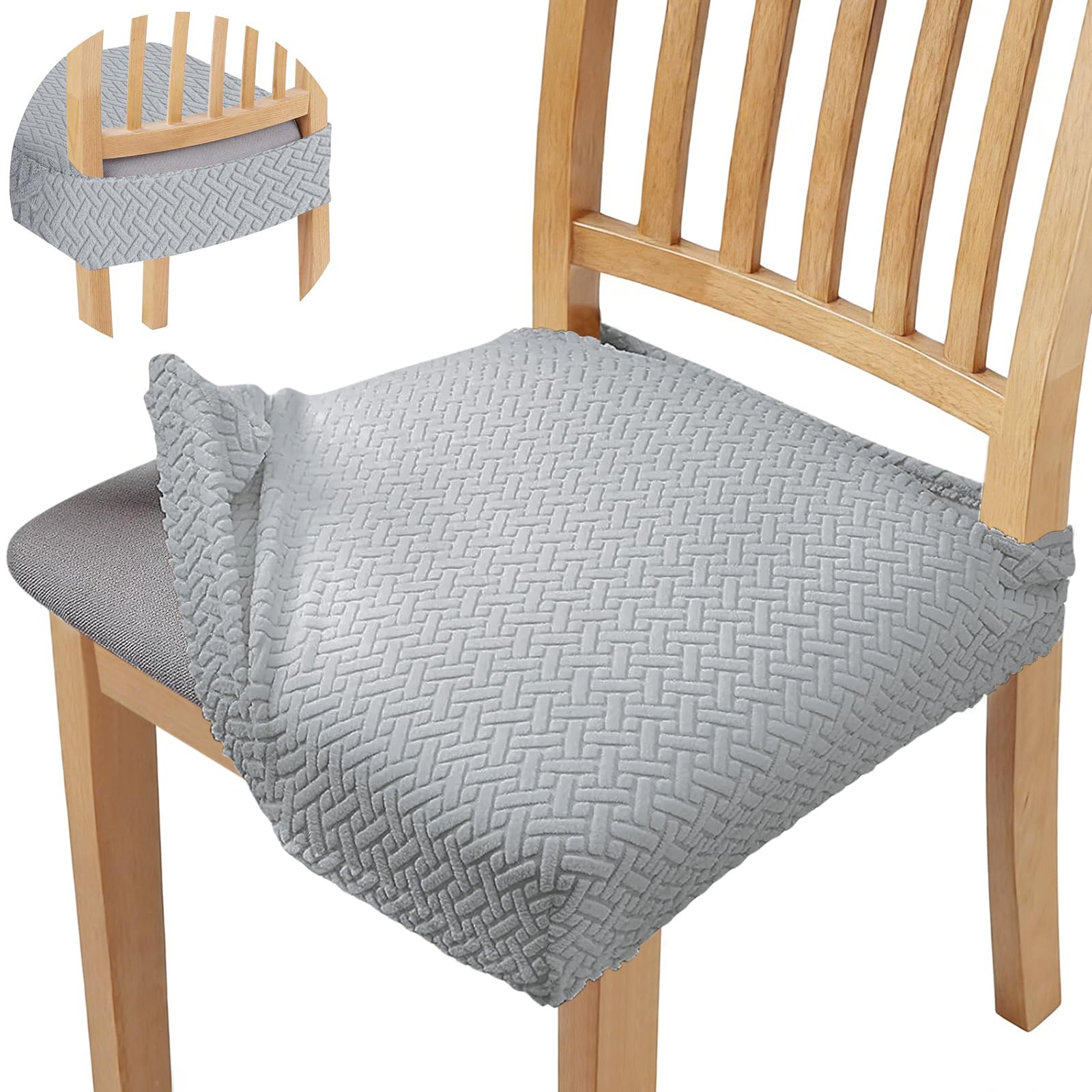 Aovanta 4PCS Dining Chair Seat Covers, Grey Jacquard Chair Seat Protectors Covers, Elastic Dining Chair Cover for Banquet, Kitchen, Hotel (Grey)