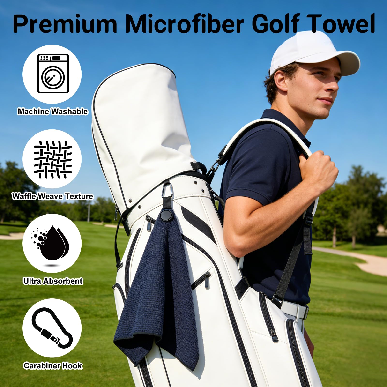 Lot de 3 serviettes de golf magnétiques – Très grande taille en microfibre gaufrée avec clip – Serviette de club de golf ultra absorbante avec aimant puissant pour une tenue solide pour sacs de golf