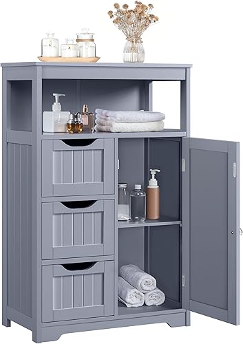 Miniatura 15 de Yaheetech Armario de suelo de baño, organizador de almacenamiento de madera con 1 puerta y 3 cajones, armario independiente para cocina, sala de