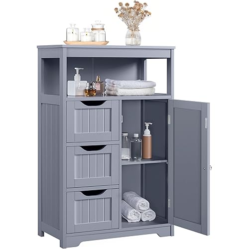 Yaheetech Bathroom Storage Cabinet, Wooden Bathroom Floor Cabinet with 1 Door and 3 Drawers, Free-Standing Storage Unit for Kitchen/Living Room/Entryway, Gray