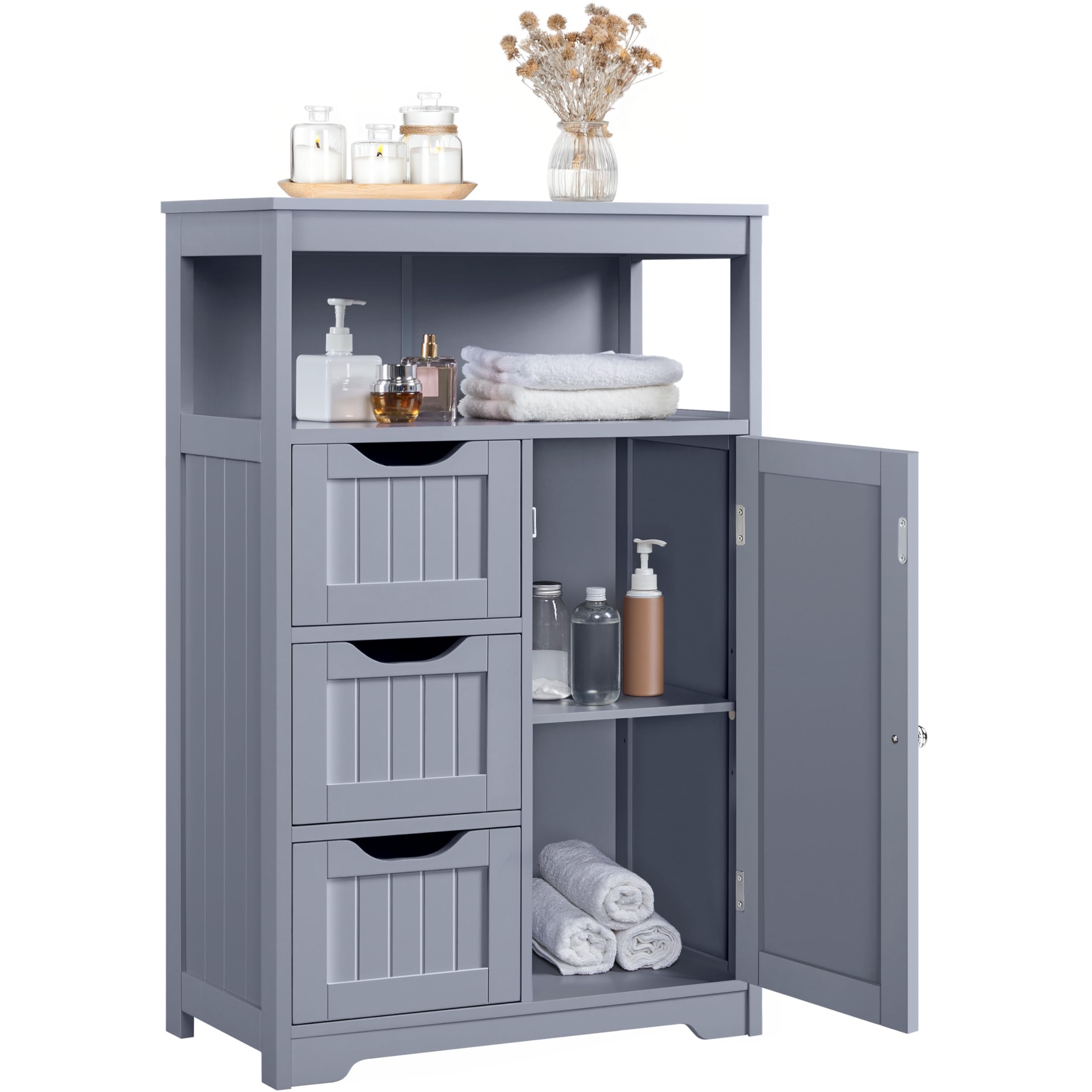 Assembled Yaheetech Grey Bathroom Storage Cabinet in a bathroom setting.