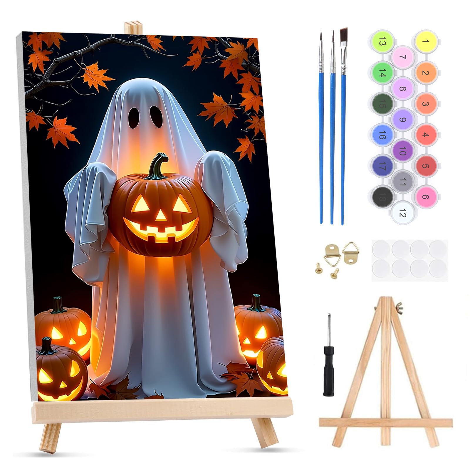 QENSPE Paint by Numbers for Adults on Framed Canvas - with Wooden Easel, Ghost Painting by Number Kit for Beginners, DIY Pumpkin Acrylic Oil Painting for Home Wall Decor 8x12 Inch